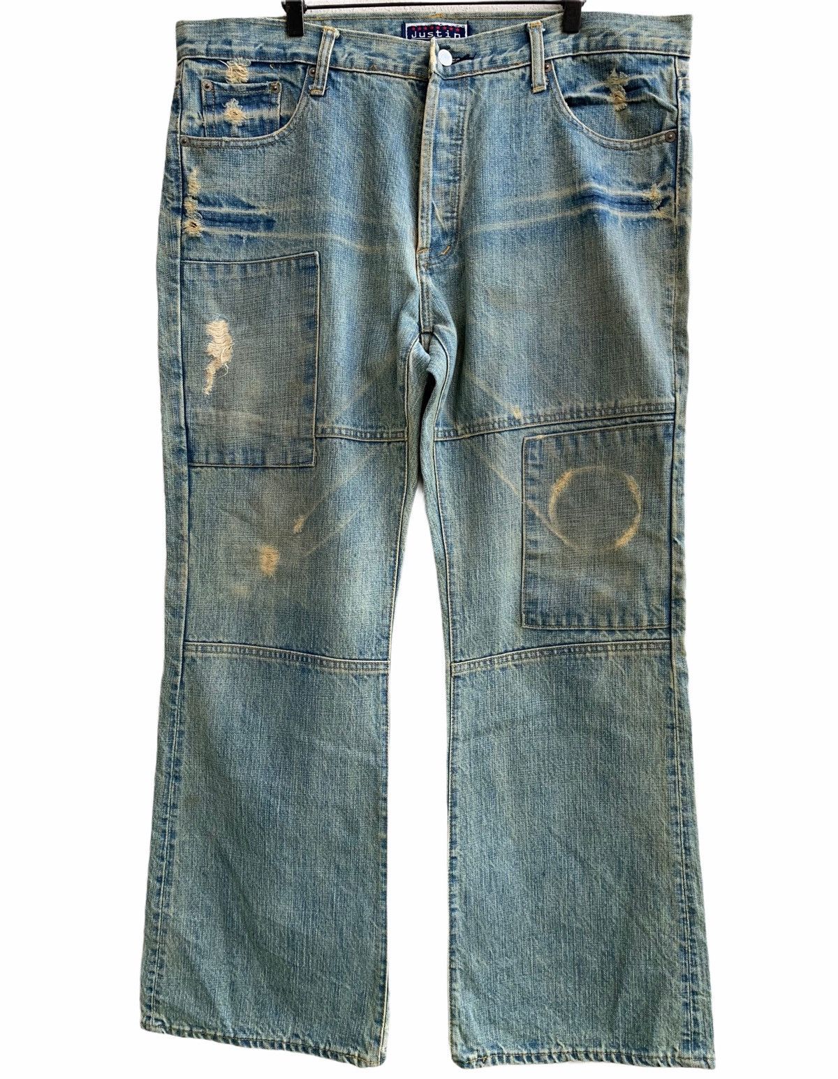 image of Vintage Justin Original Distressed Patchwork Denim in Faded Blue, Men's (Size 40)