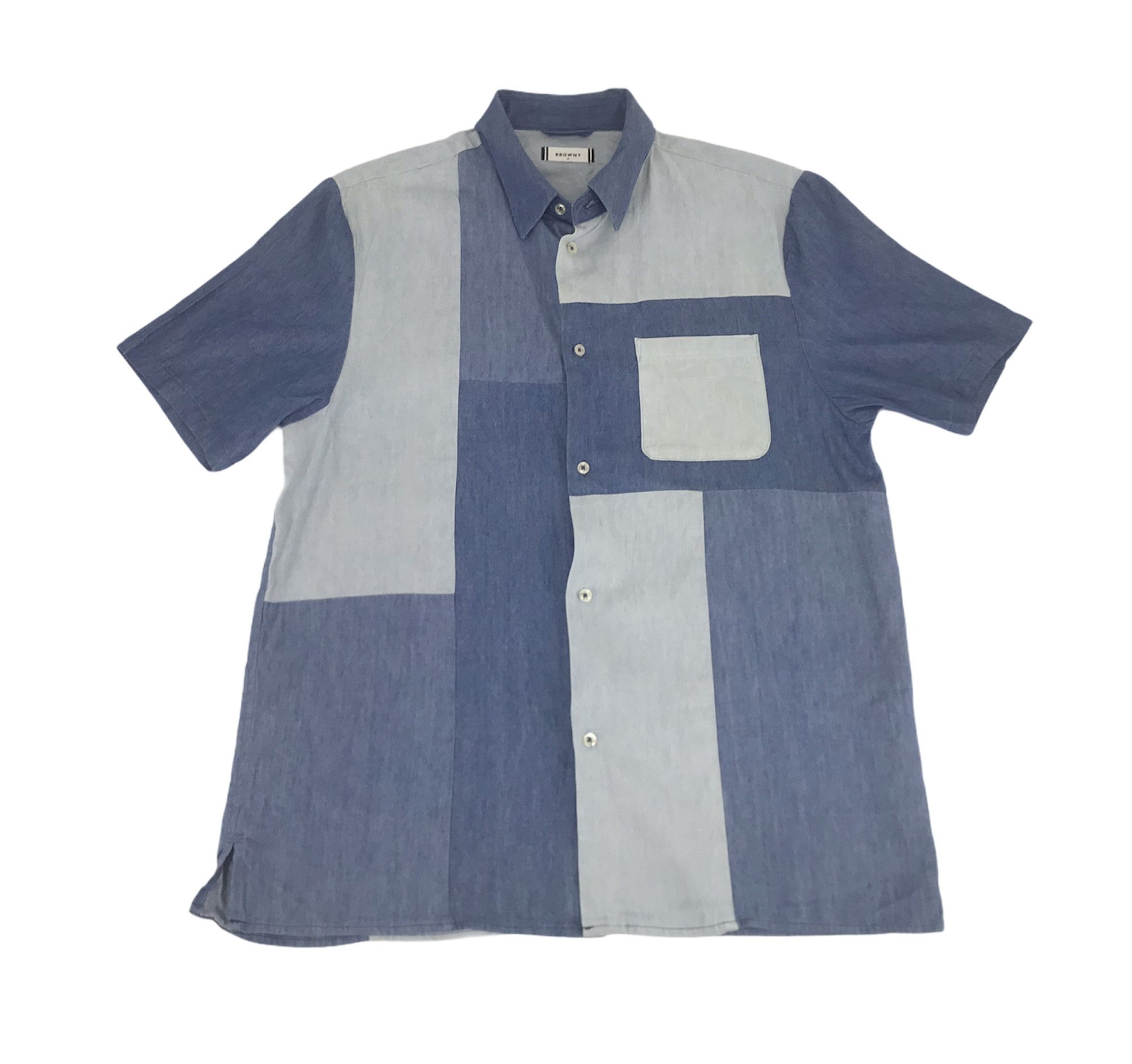 image of Denim Jacket x Hype Vintage Style Browny Crazy Patchwork Design Button Up Denim, Men's (Size Medium