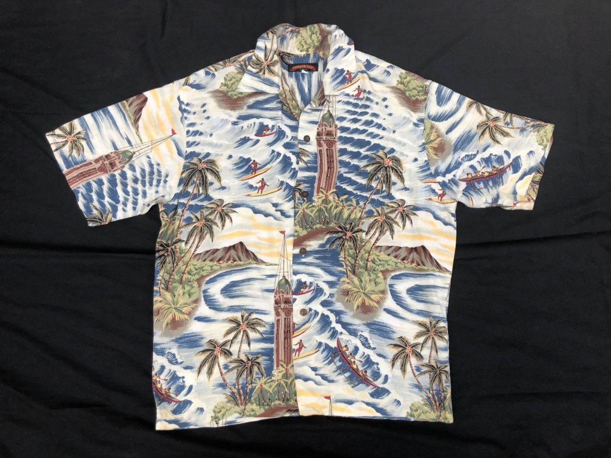 image of Aloha Wear x Hawaiian Shirt VTG Pineapple Juice Aloha Palm Trees Beach Rayon Hawaiian (Size Medium)