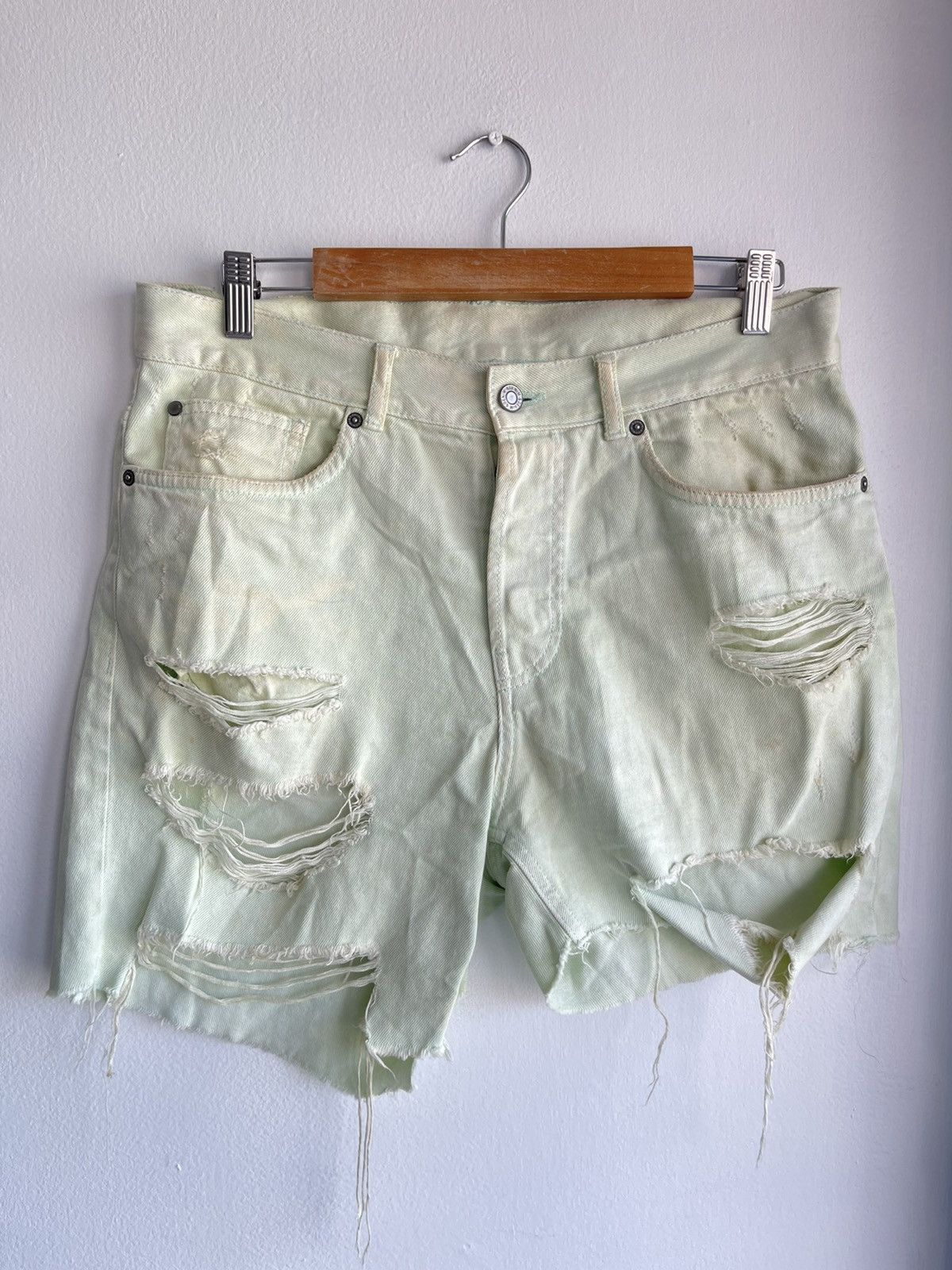 image of Vintage Thrashed Sun Fade 4G Neon Green Shorts in Dryed Neon Green, Men's (Size 31)