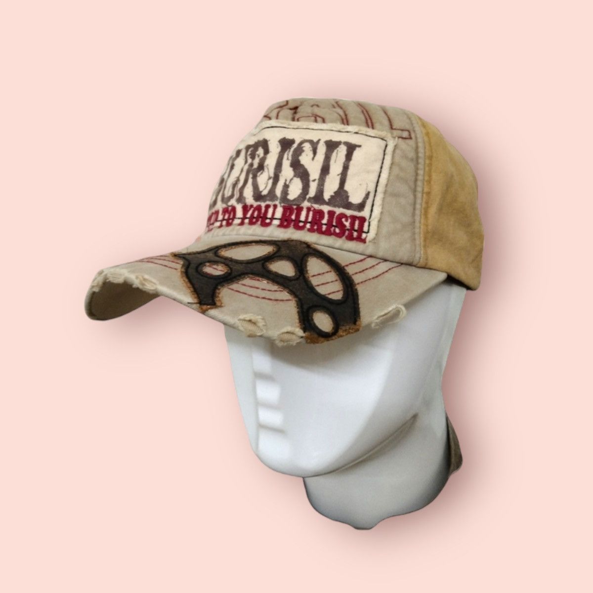 image of Burisil Vintage Distressed Patches Strapback in Brown, Men's