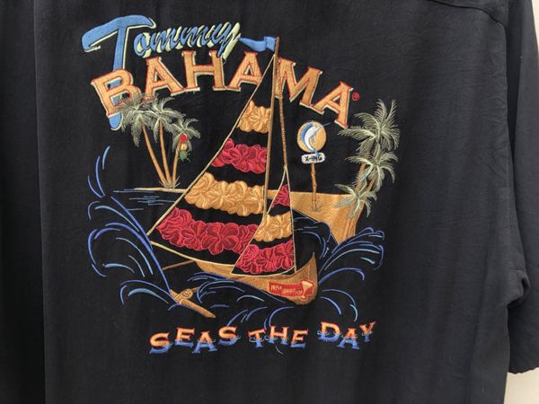 Tommy Bahama Shirt Mens L Hawaiian Silk Cafe Paradise Embroidered