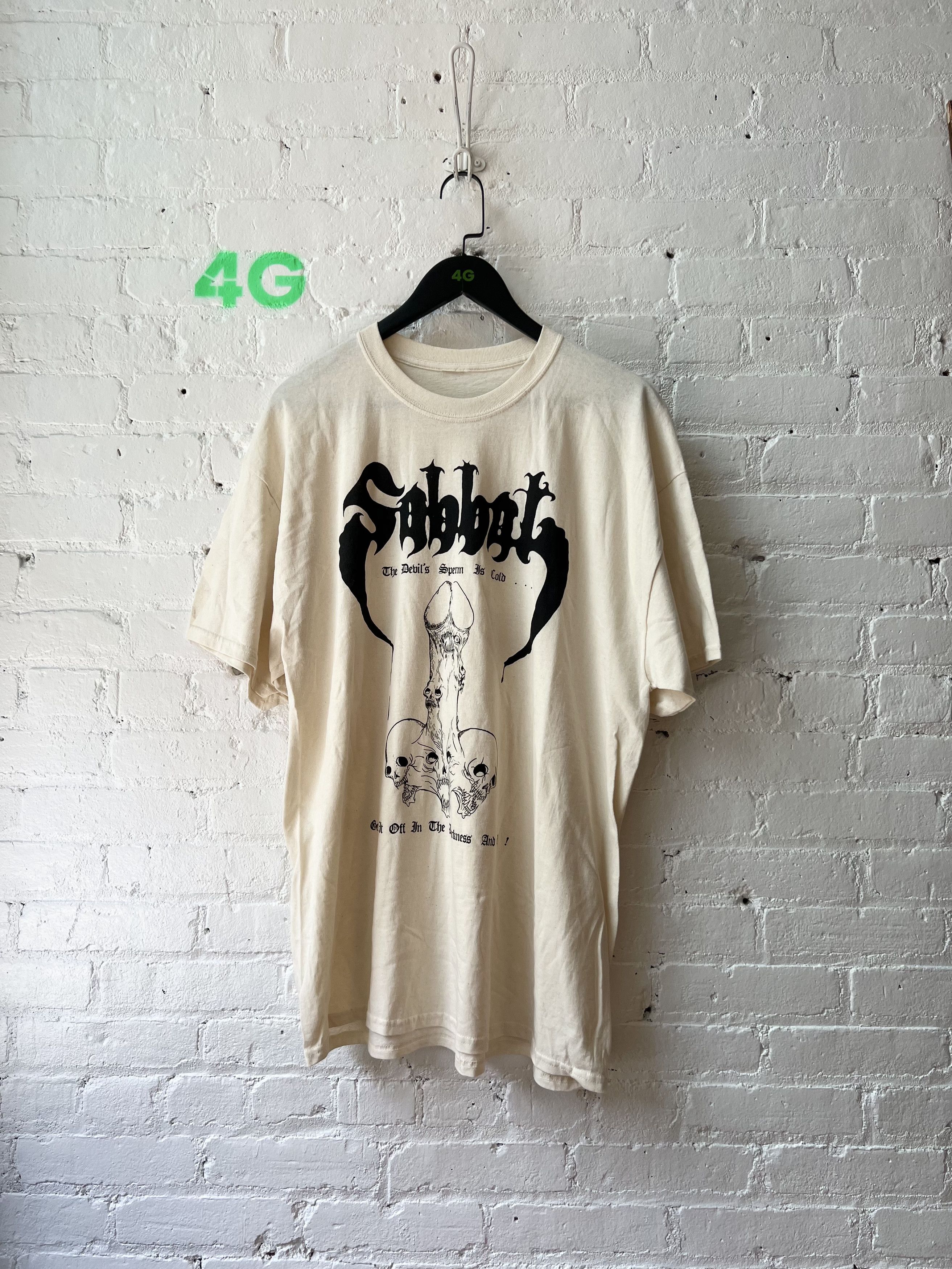 image of Vintage Sabbath Devil Spirm Skull Dick T Shirt in Tan Black, Men's (Size Small)