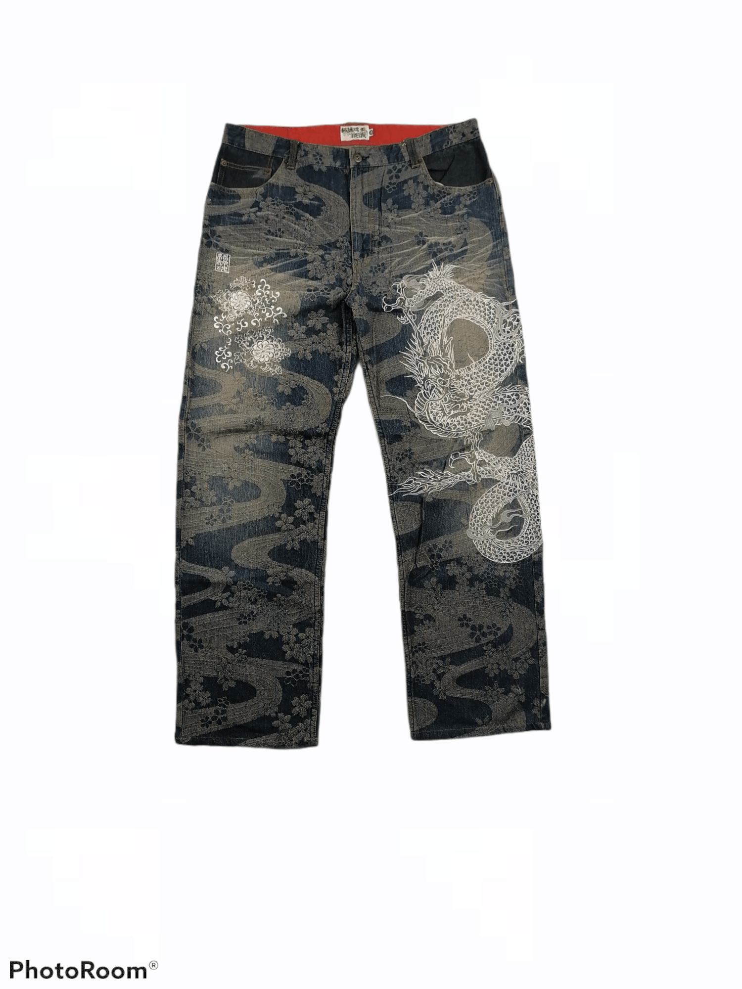 image of Distressed Denim x Vintage Karakuri Tamashi Embroidery Dragon Denim Pants in Blue, Men's (Size 36)