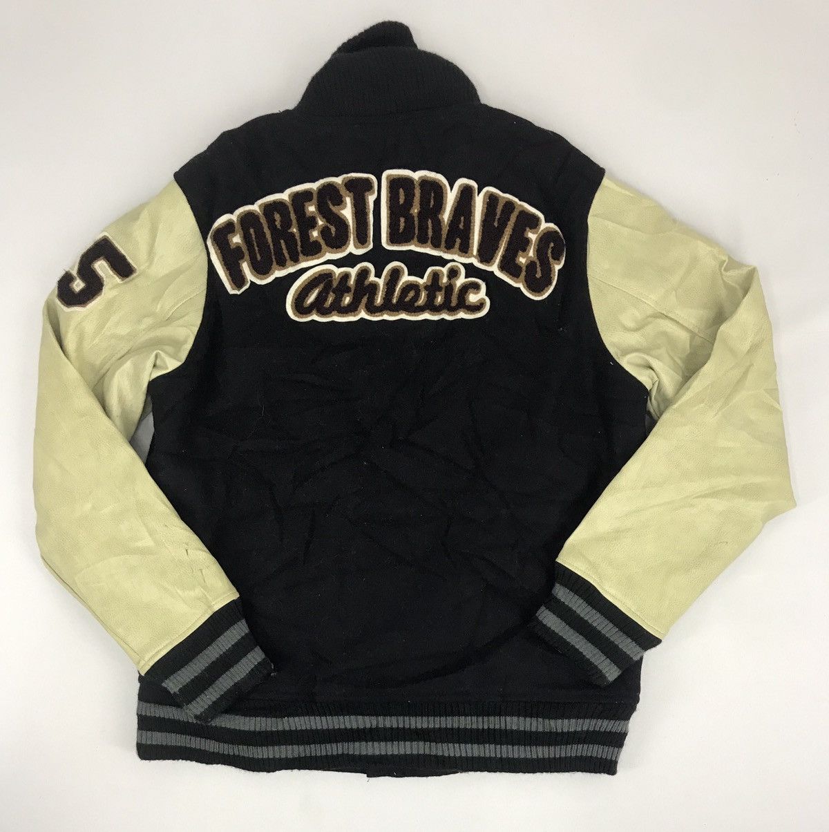 image of Varsity Jacket x Vintage Oilcake Forest Braves Athletic Varsity Padded in White Black (Size Medium)
