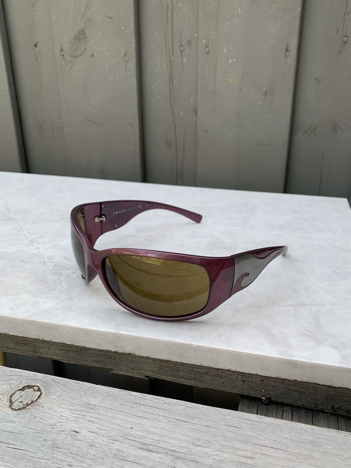 Prada × Vintage Plum Prada Tribal Wave Wrap Sunglasses Chrome Flame 2000s Y2 Size ONE SIZE - 4 Thumbnail