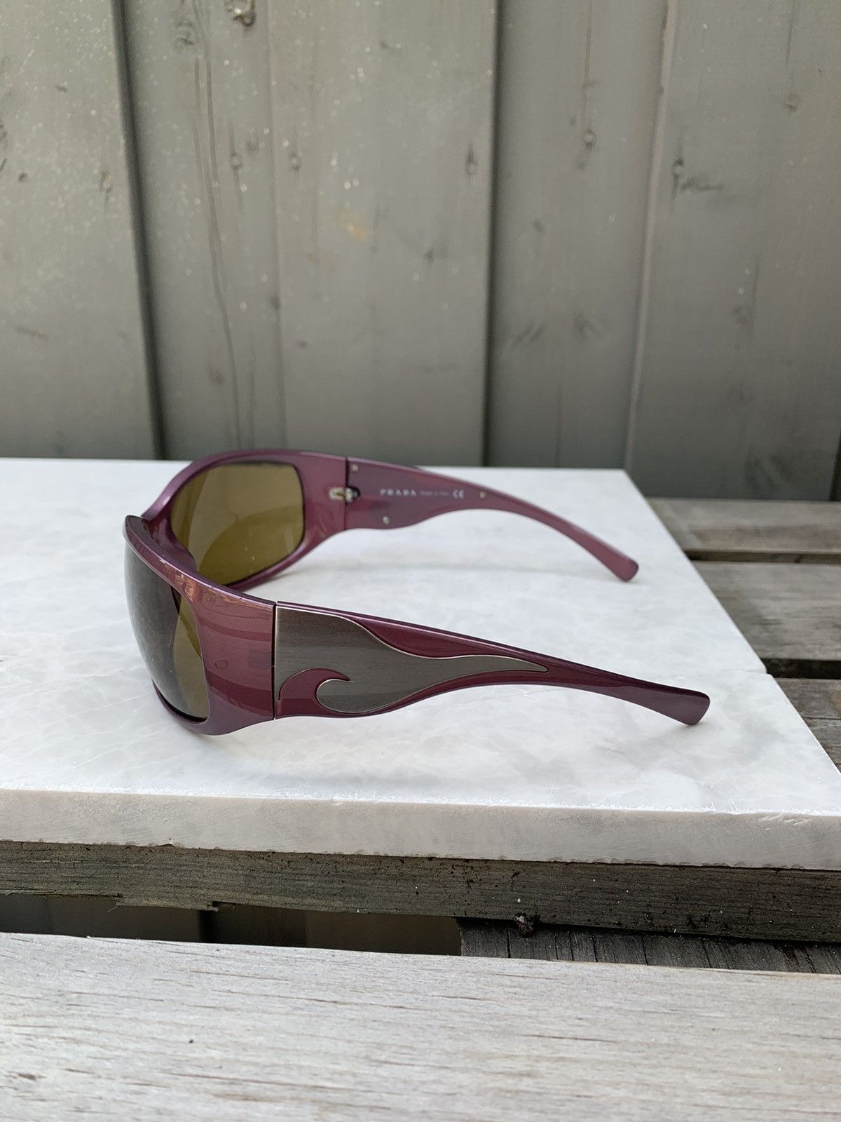 Prada × Vintage Plum Prada Tribal Wave Wrap Sunglasses Chrome Flame 2000s Y2 Size ONE SIZE - 6 Thumbnail