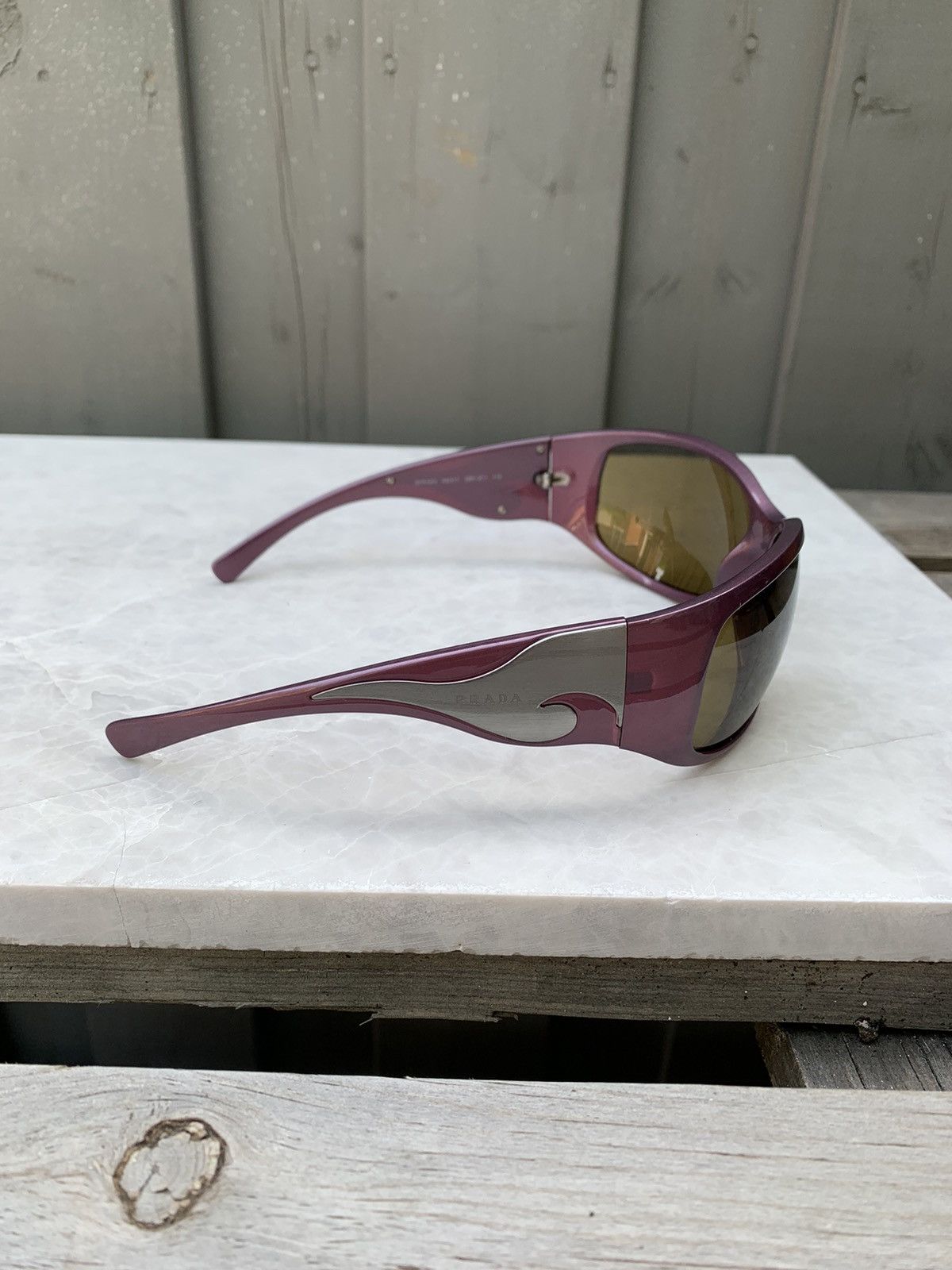 Prada × Vintage Plum Prada Tribal Wave Wrap Sunglasses Chrome Flame 2000s Y2 Size ONE SIZE - 5 Thumbnail