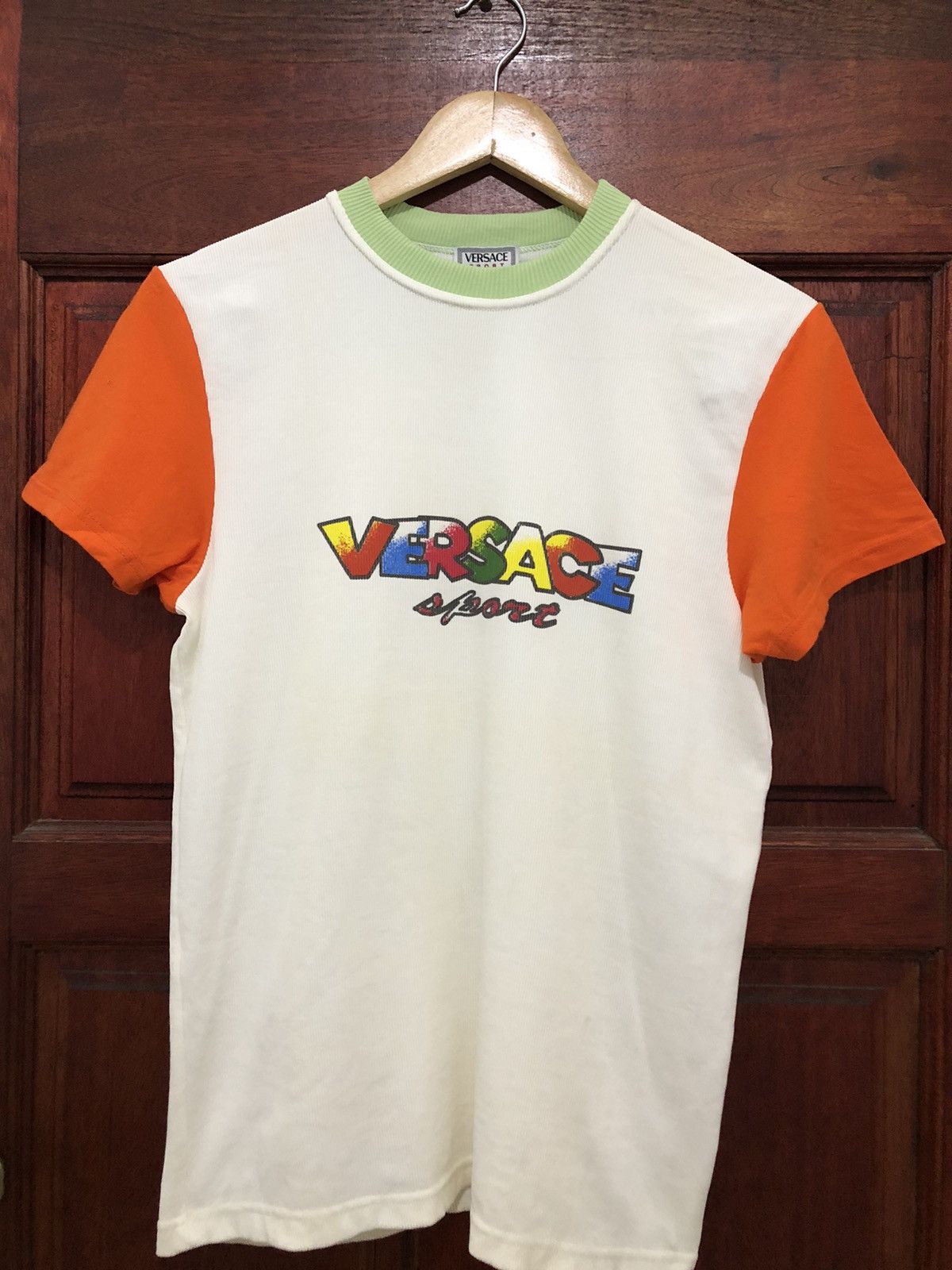 image of Vintage Versace Sport Spell Out Rainbow Made Italy, Men's (Size Medium)