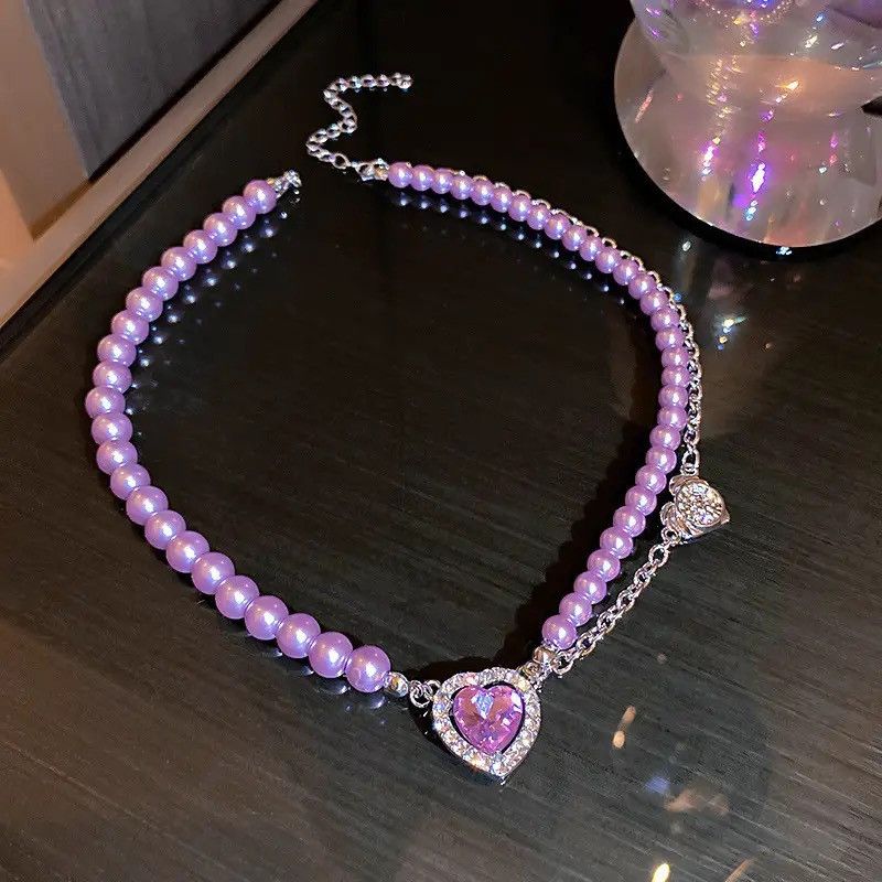 Chain x Jewelry Creative Purple Heart Crystal Choker Necklaces in Silver, Men's