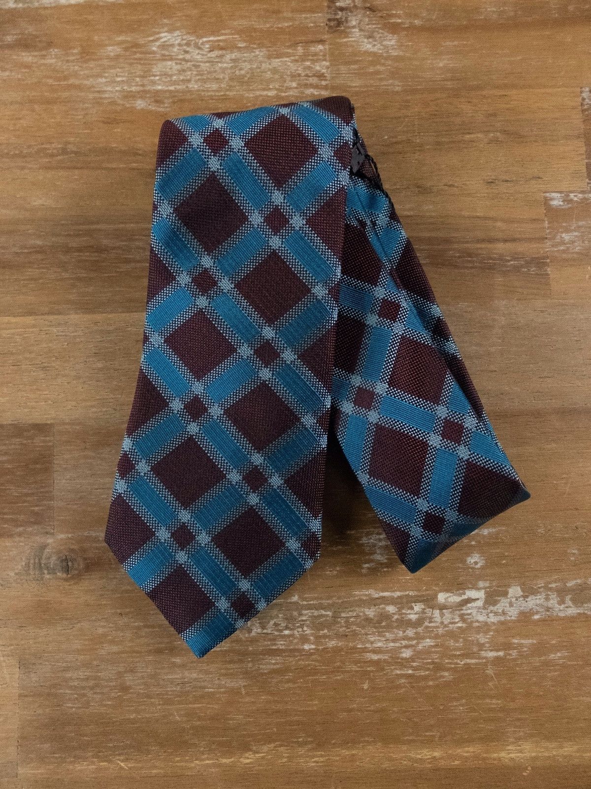 CANALI blue brown plaid tartan woven silk tie authentic