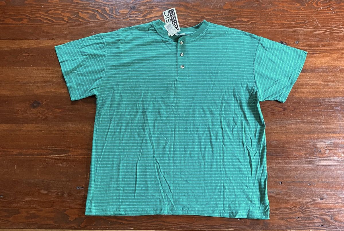 Basic Editions × Vintage Vintage NWT 90s Basic Editions Henley Style Striped Teal Tee Size US XL / EU 56 / 4 - 1 Thumbnail