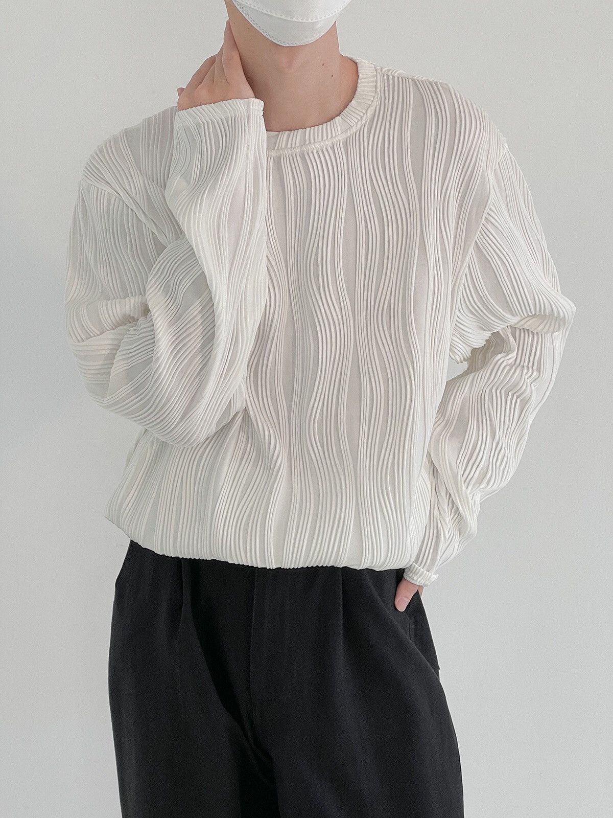Japanese Brand × Vintage Korean fashion white wave pleats long sleeve top pullover Size US L / EU 52-54 / 3 - 2 Thumbnail