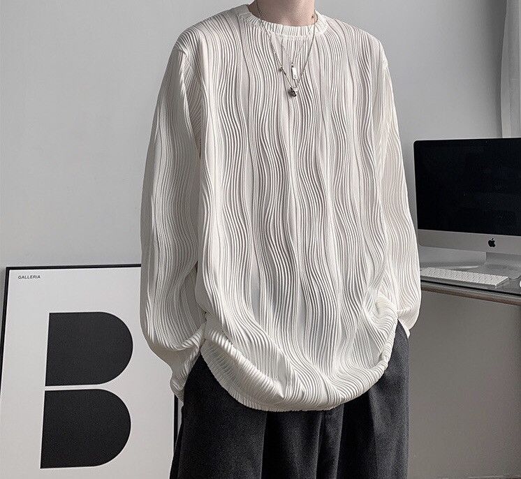 Japanese Brand × Vintage Korean fashion white wave pleats long sleeve top pullover Size US L / EU 52-54 / 3 - 1 Thumbnail