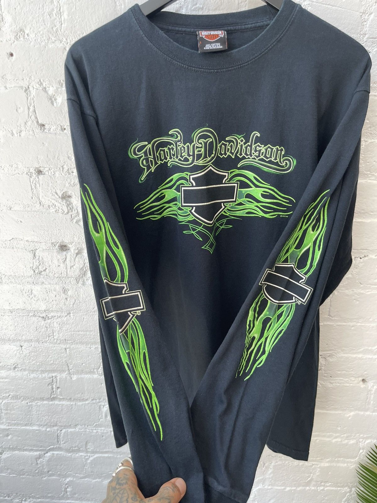 Harley Davidson × Vintage Vintage 4GSELLER HARLEY GREEN LIME FLAME SHIRT Size US L / EU 52-54 / 3 - 4 Thumbnail