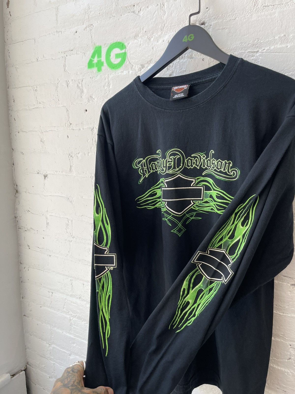 Harley Davidson × Vintage Vintage 4GSELLER HARLEY GREEN LIME FLAME SHIRT Size US L / EU 52-54 / 3 - 3 Thumbnail