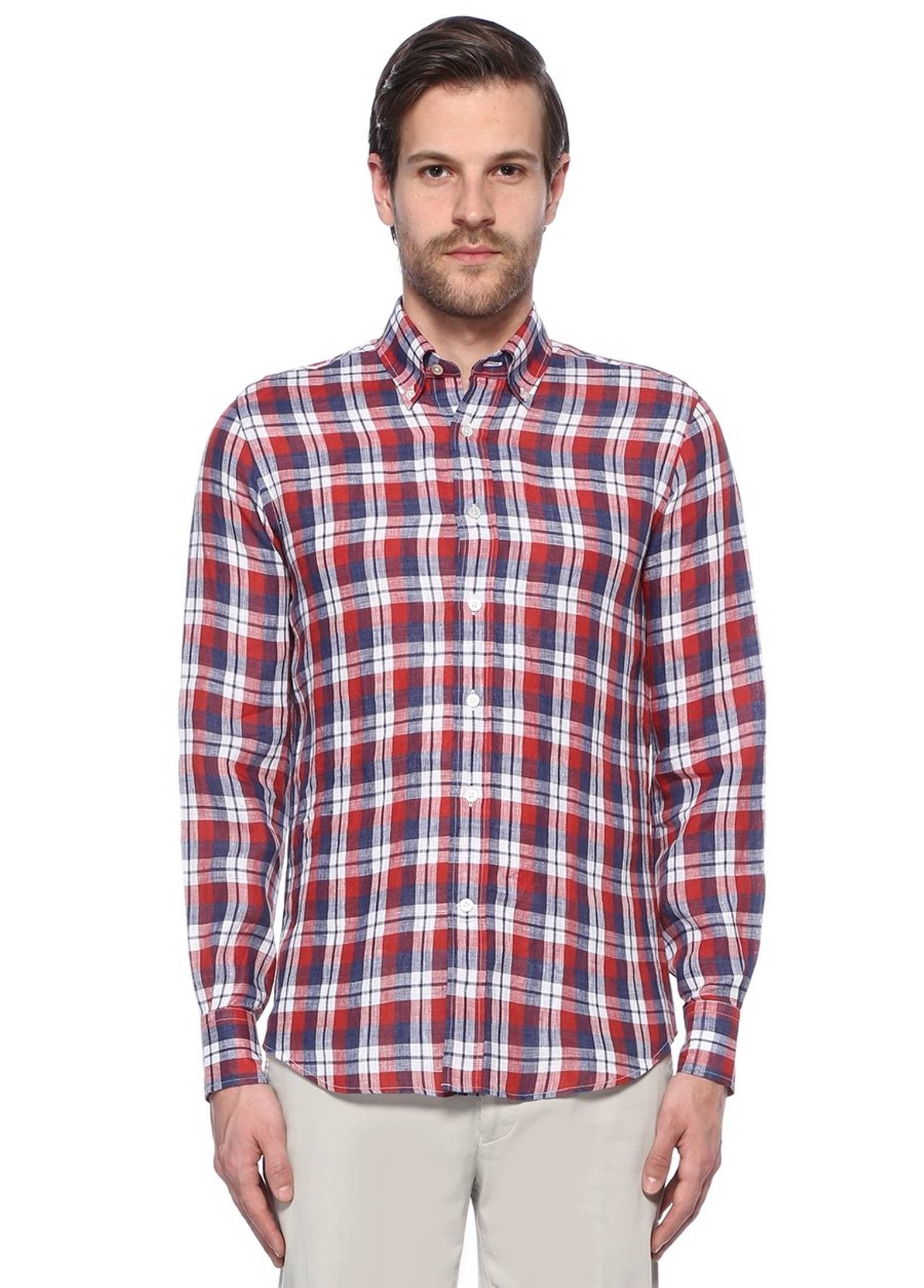 image of Canali Modern Fit Button-Down Linen Plaid Shirt Size Large in Mix, Men's