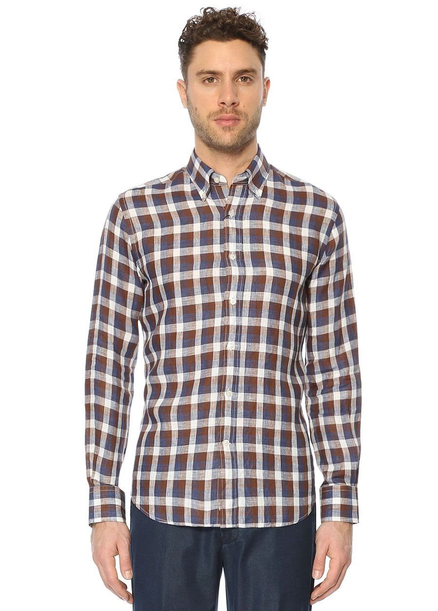Canali CANALI blue brown white button-down linen plaid shirt XL Size US XL / EU 56 / 4 - 1 Thumbnail
