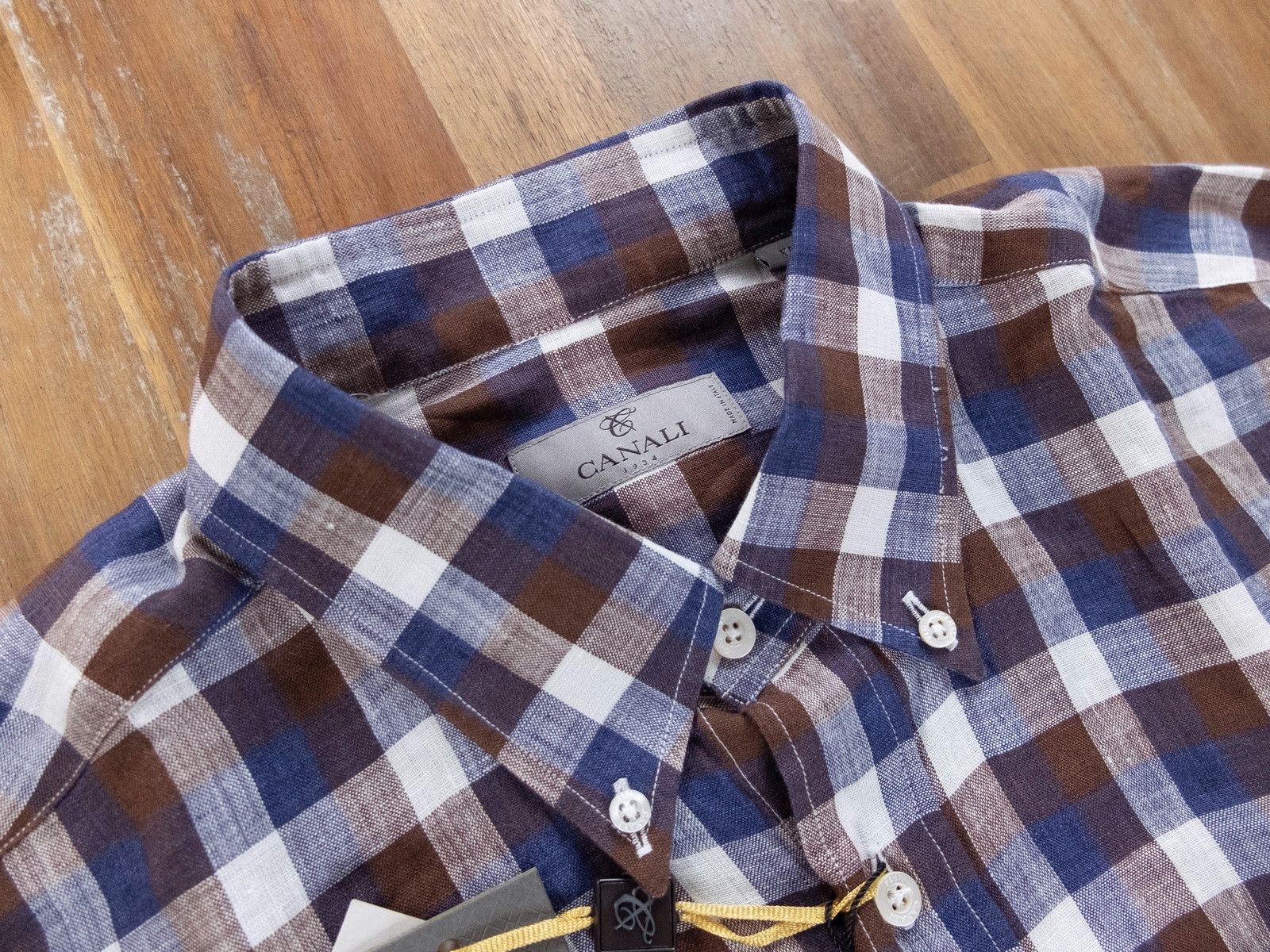 Canali CANALI blue brown white button-down linen plaid shirt XL Size US XL / EU 56 / 4 - 4 Thumbnail