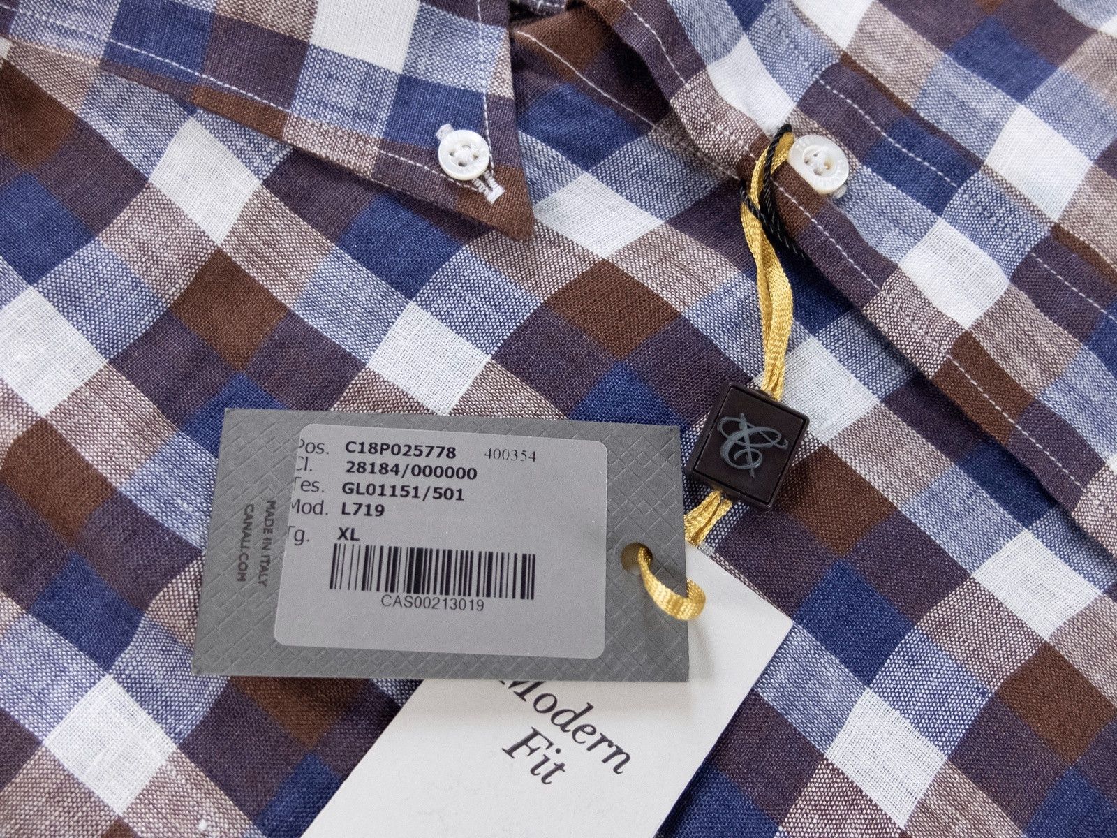 Canali CANALI blue brown white button-down linen plaid shirt XL Size US XL / EU 56 / 4 - 5 Thumbnail