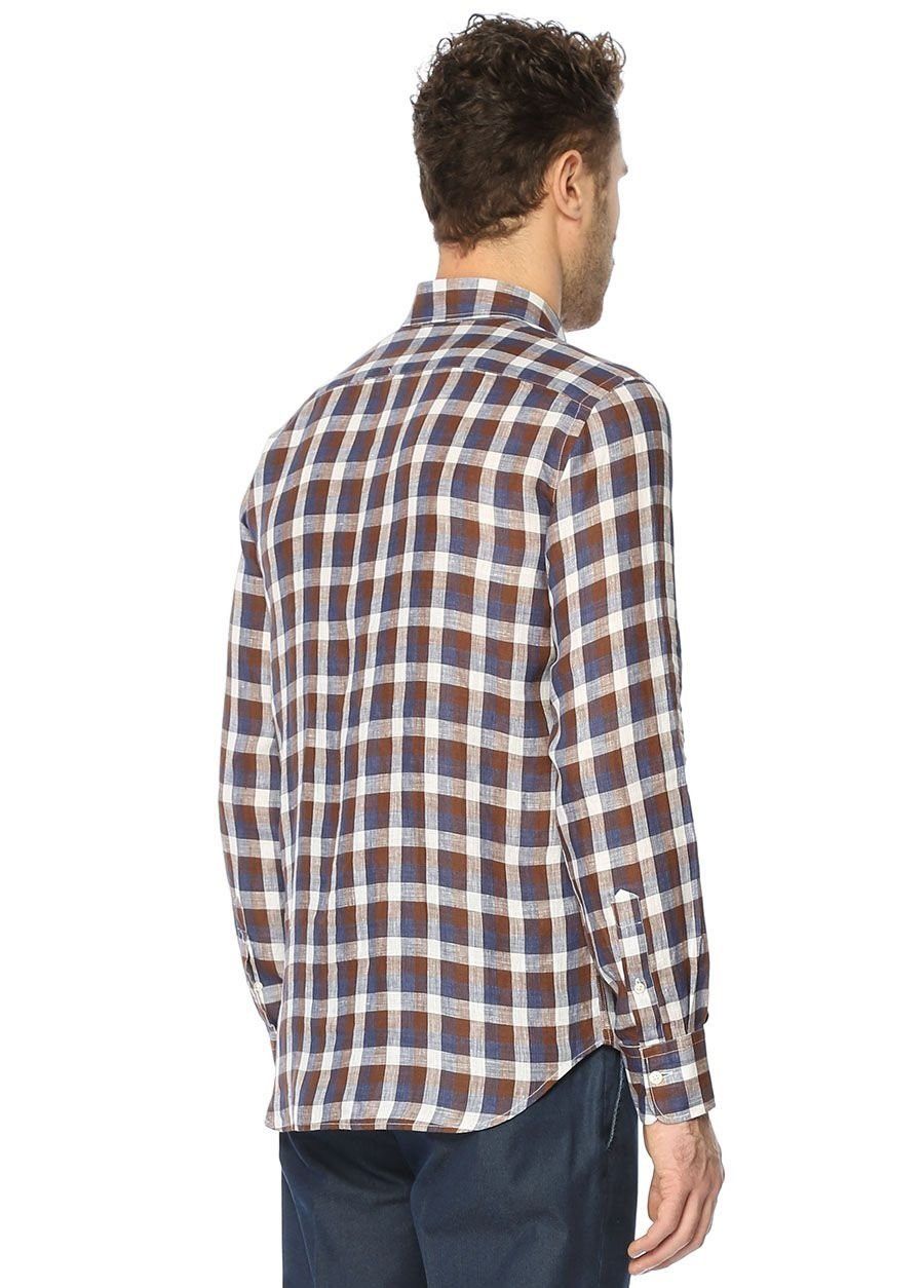 Canali CANALI blue brown white button-down linen plaid shirt XL Size US XL / EU 56 / 4 - 2 Thumbnail