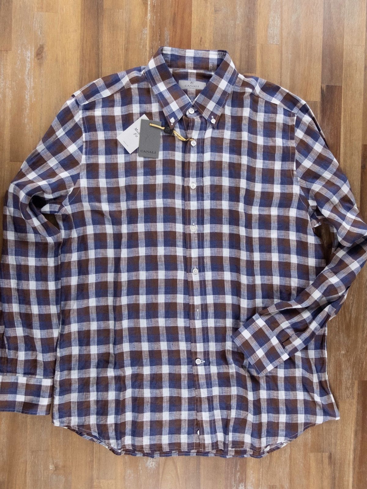 Canali CANALI blue brown white button-down linen plaid shirt XL Size US XL / EU 56 / 4 - 3 Thumbnail