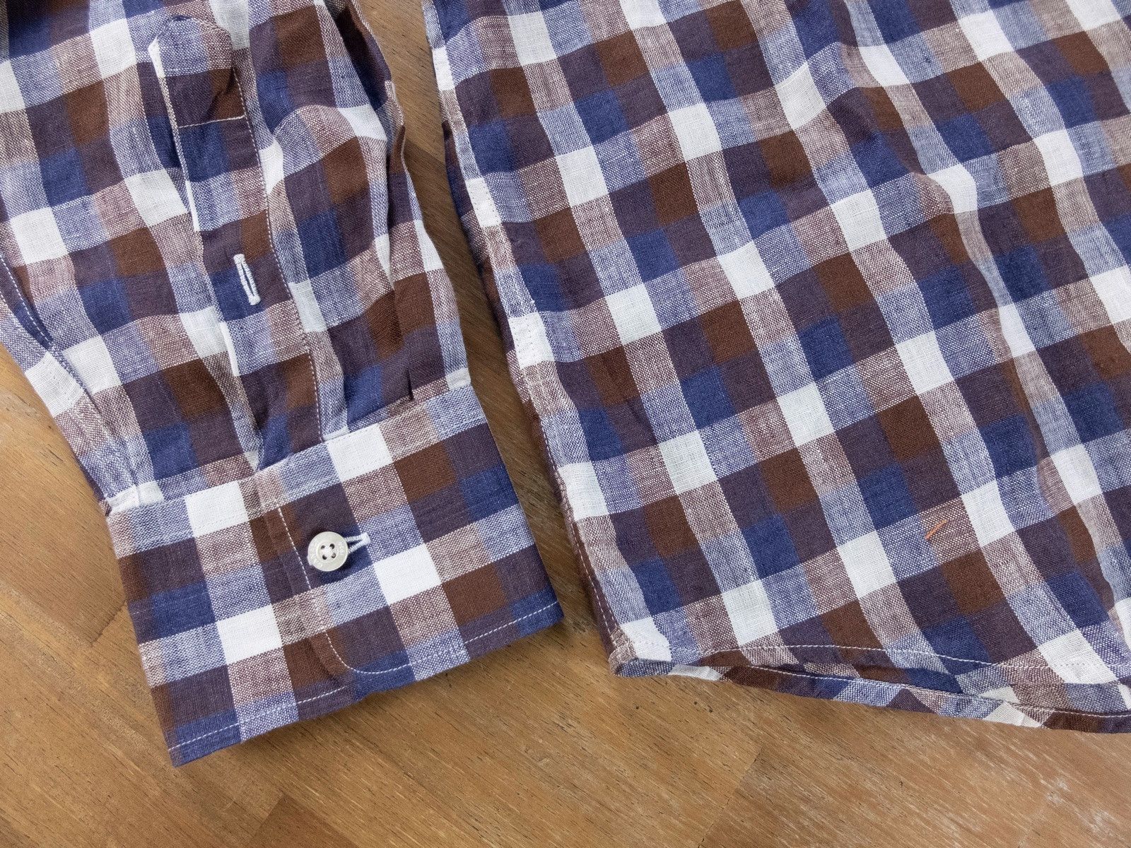 Canali CANALI blue brown white button-down linen plaid shirt XL Size US XL / EU 56 / 4 - 6 Thumbnail