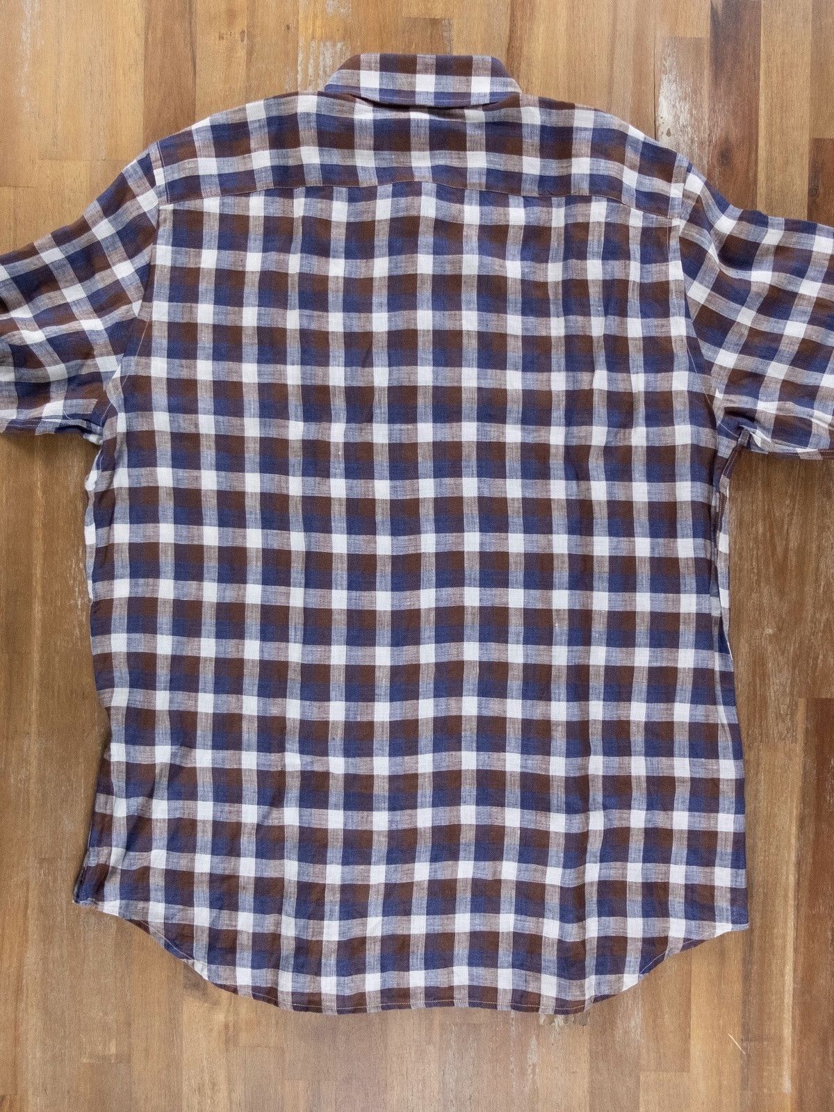 Canali CANALI blue brown white button-down linen plaid shirt XL Size US XL / EU 56 / 4 - 8 Thumbnail
