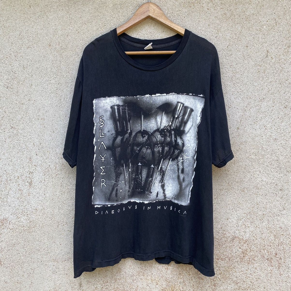 image of Thrashed Faded 1998 Slayer Diabolus In Musica Artwork Band in Black, Men's (Size XL)