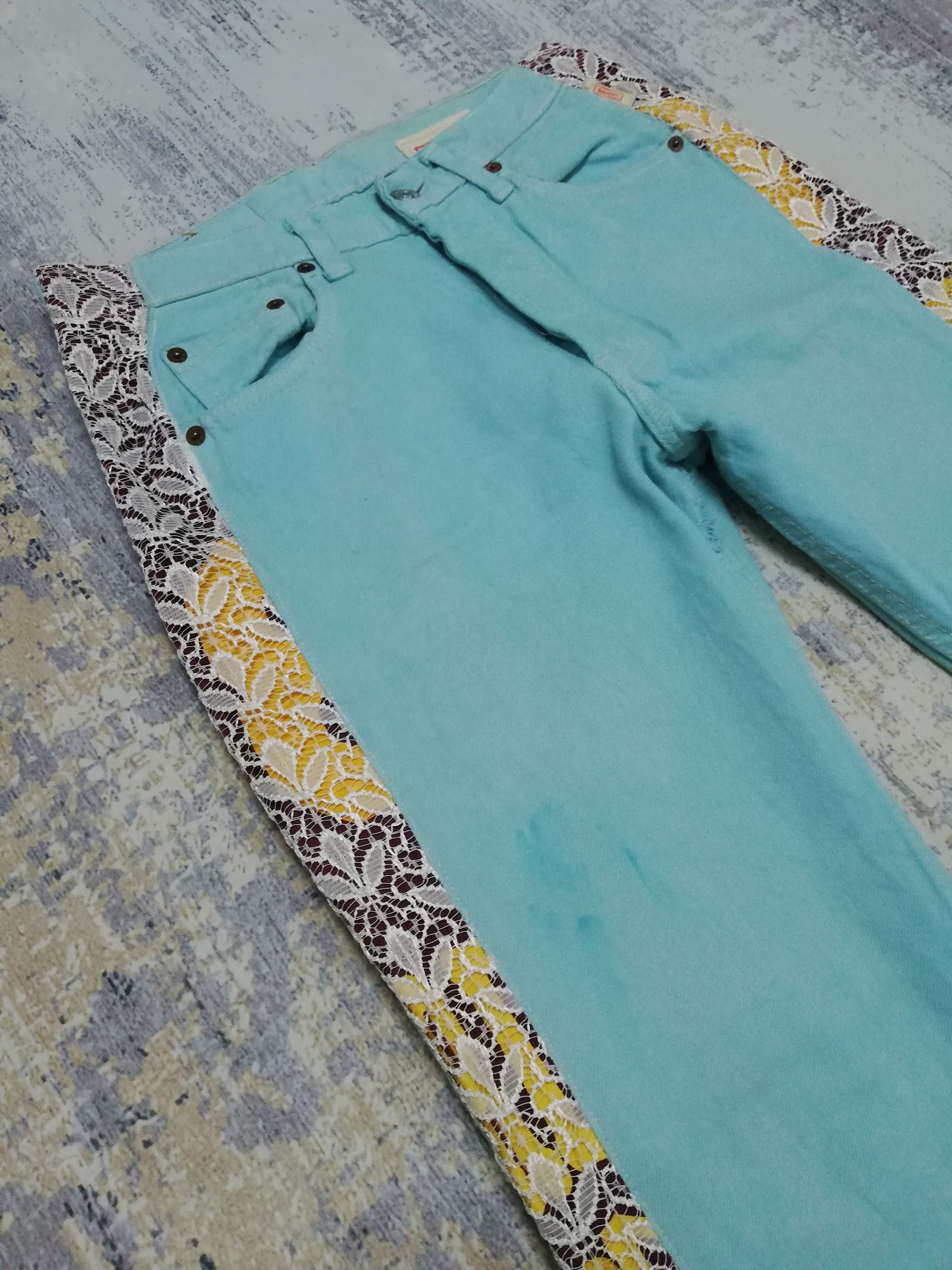 Levi's Vtg Levi's 501 Sample Turquoise Jeans w/ Lace Side Panels Size US 29 - 1 Thumbnail