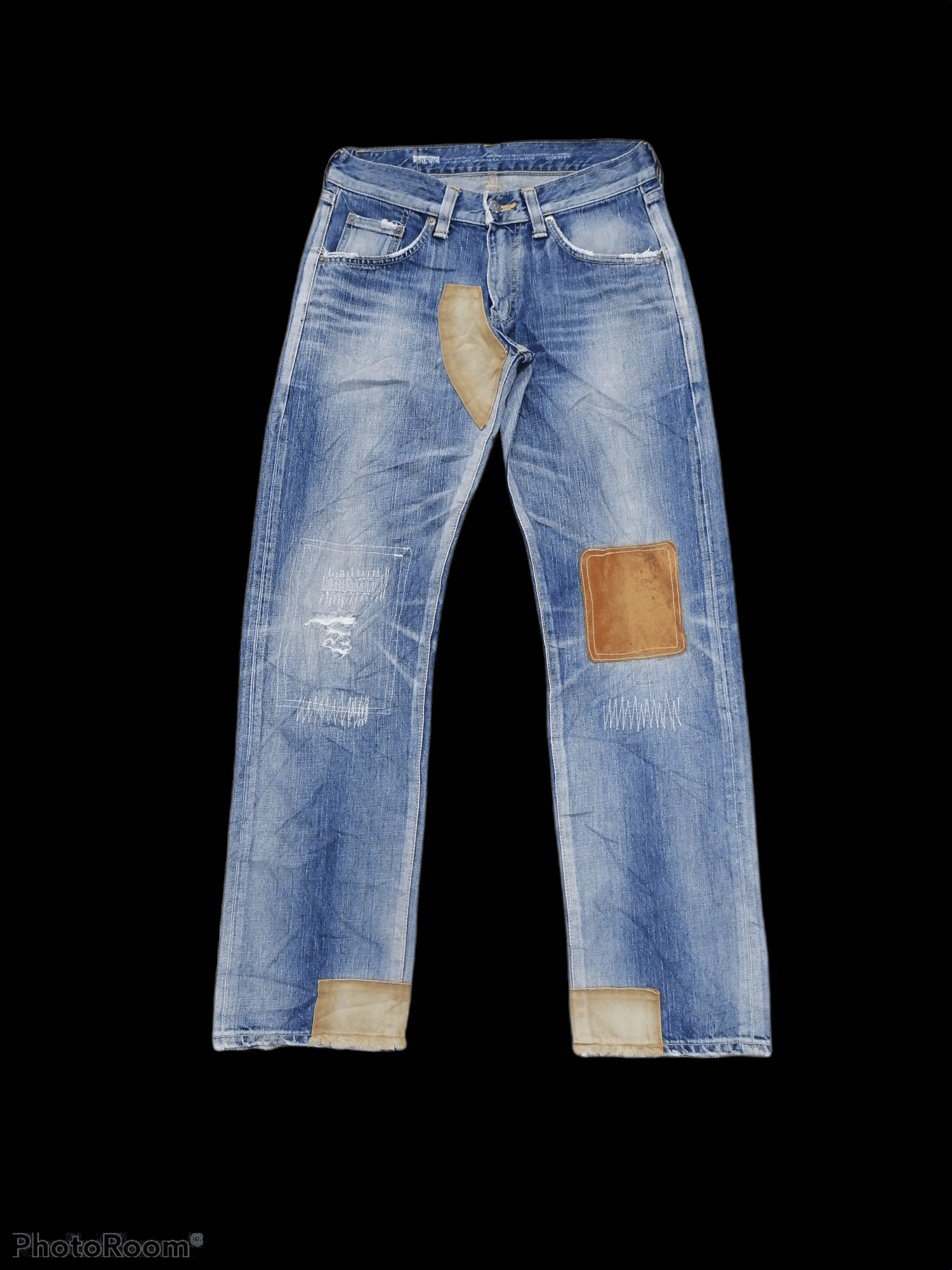 image of Archival Clothing x Distressed Denim Made In Japan Edwin Patchwork Distressed Denim Pants in Faded 