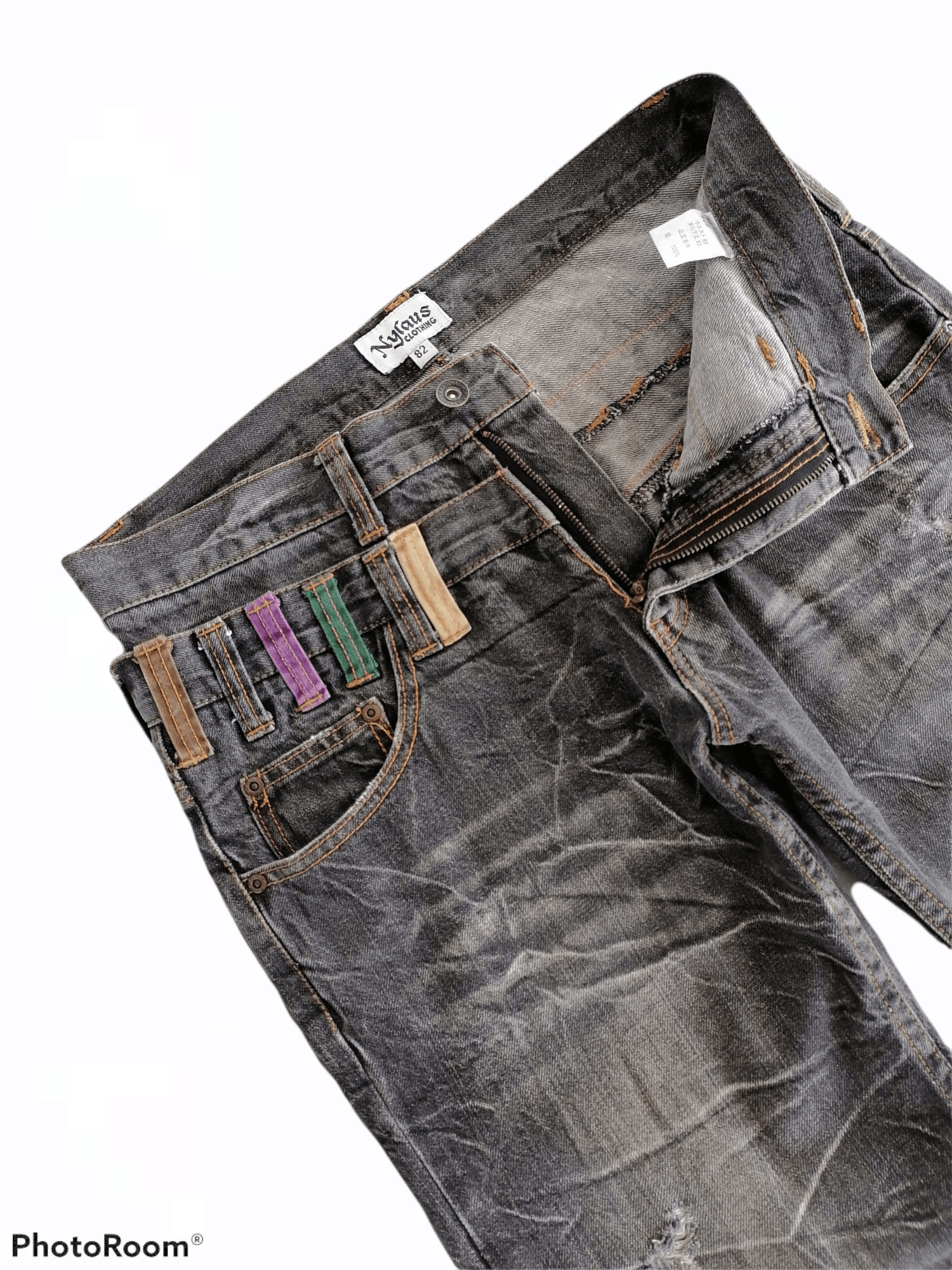 Japanese Brand Washed Black Double Waist Nylaus Distressed Denim Pants Size US 32 / EU 48 - 3 Thumbnail
