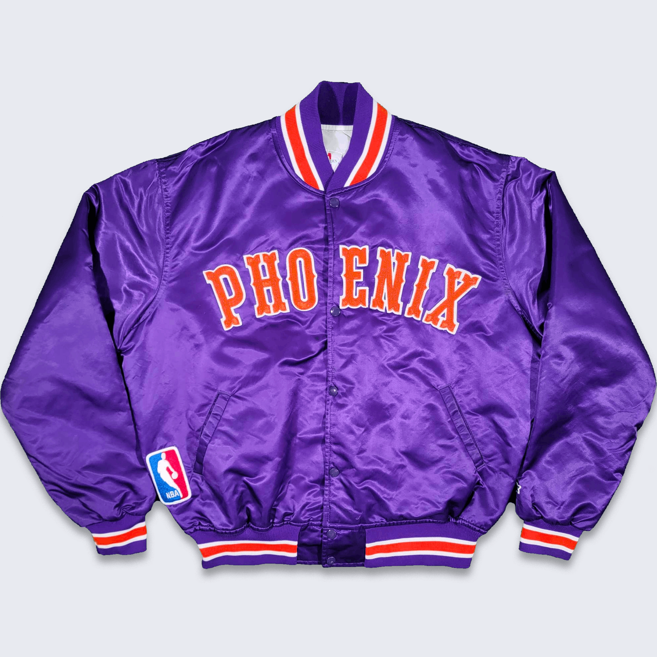 image of NBA x Starter Phoenix Suns Vintage 80's Starter Satin Bomber Jacket in Purple Orange, Men's (Size X