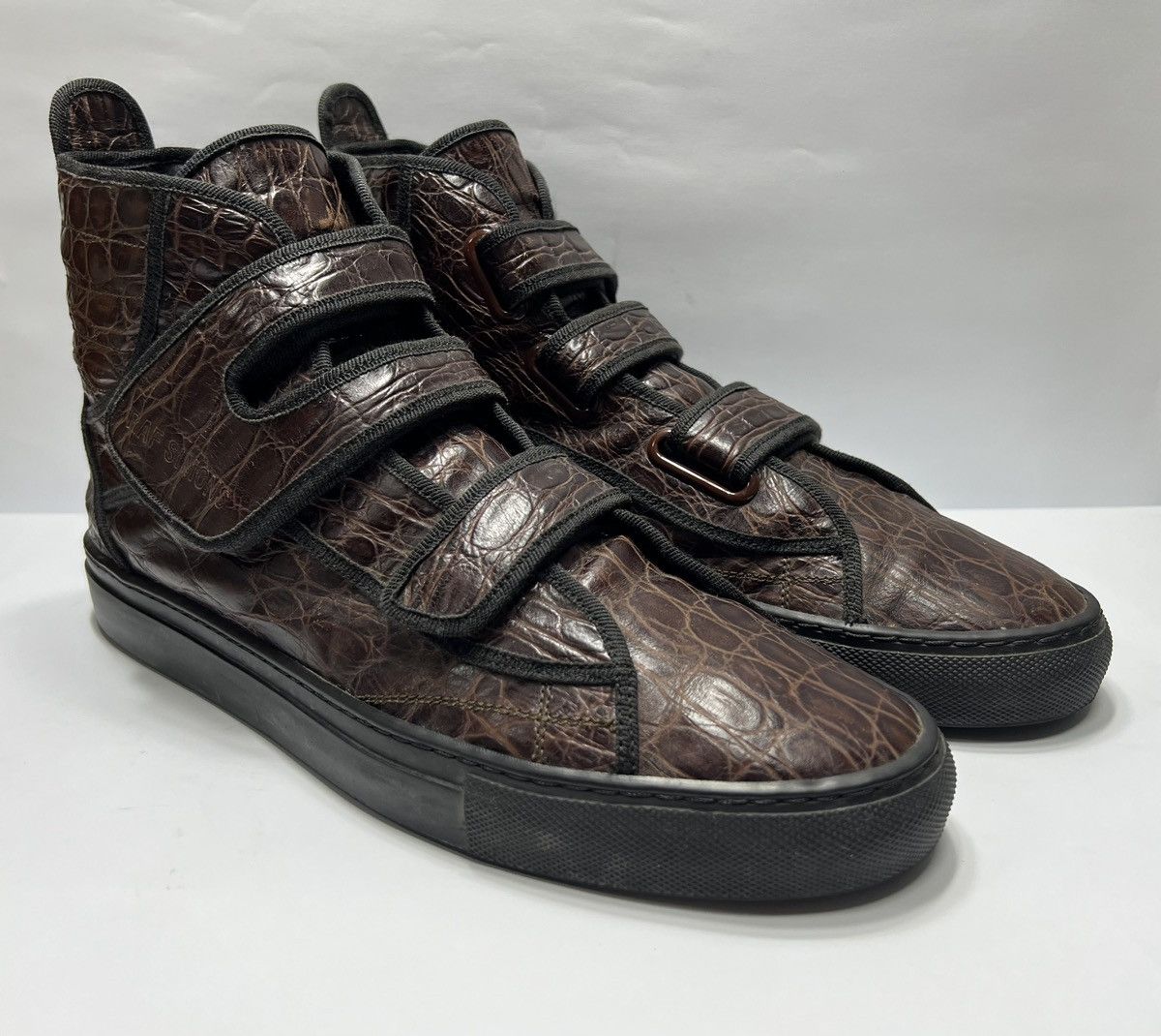 image of Raf Simons - Crocodile Skin Velcro Hi-Top Sneakers in Brown, Men's (Size 11)
