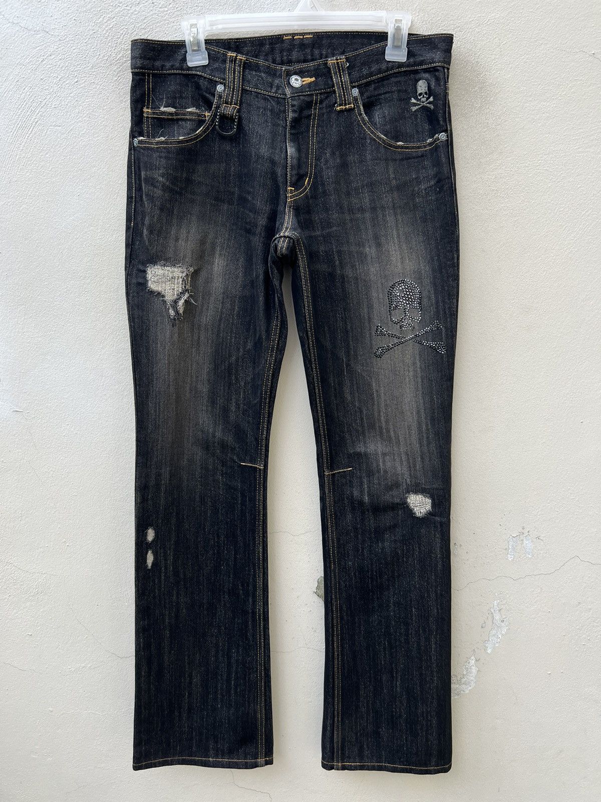 Roen Roen Japan Rips Shining Denim Cross Bones Skull Flare Jeans Size US 31 - 6 Thumbnail