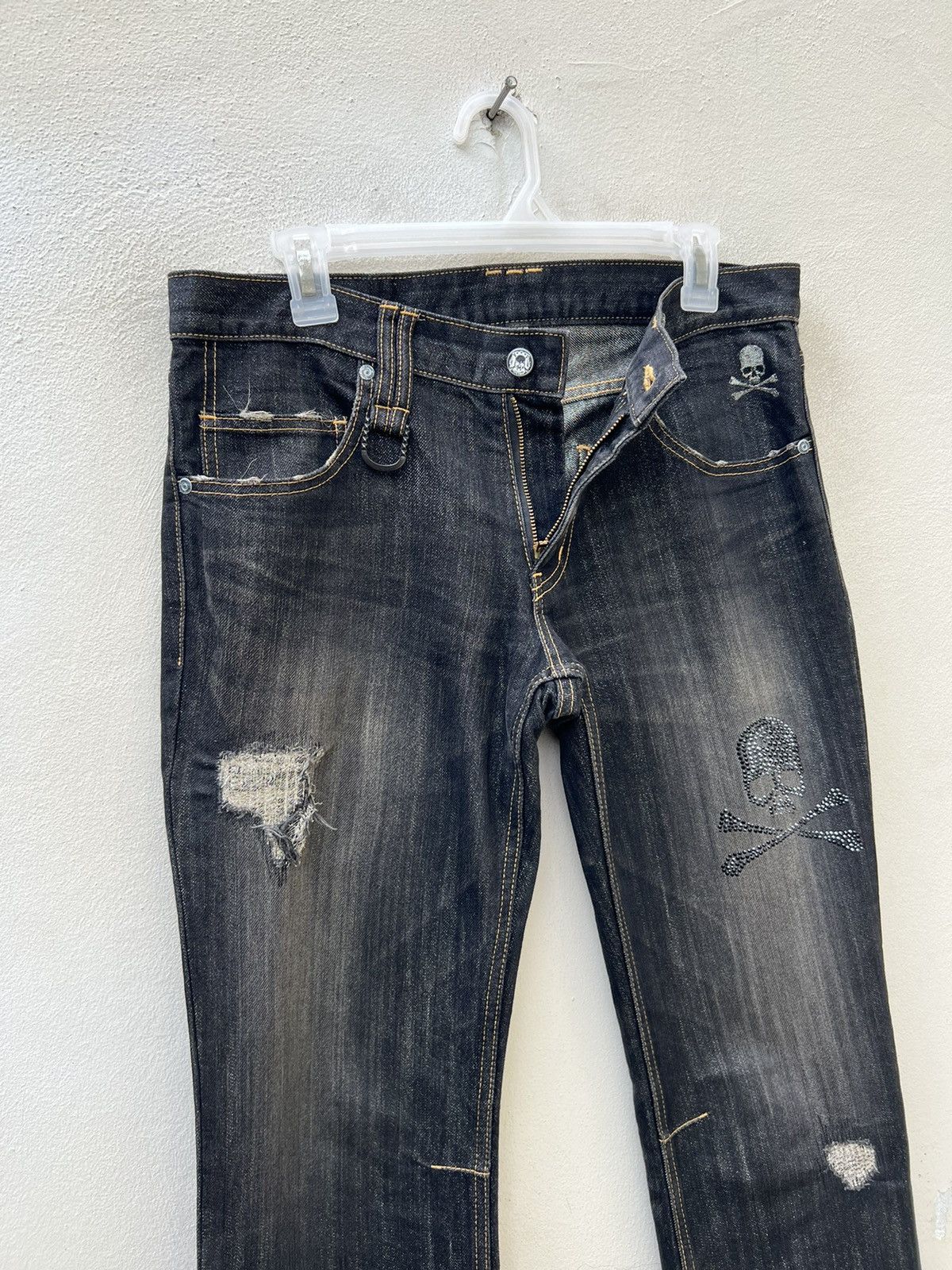 Roen Roen Japan Rips Shining Denim Cross Bones Skull Flare Jeans Size US 31 - 7 Thumbnail