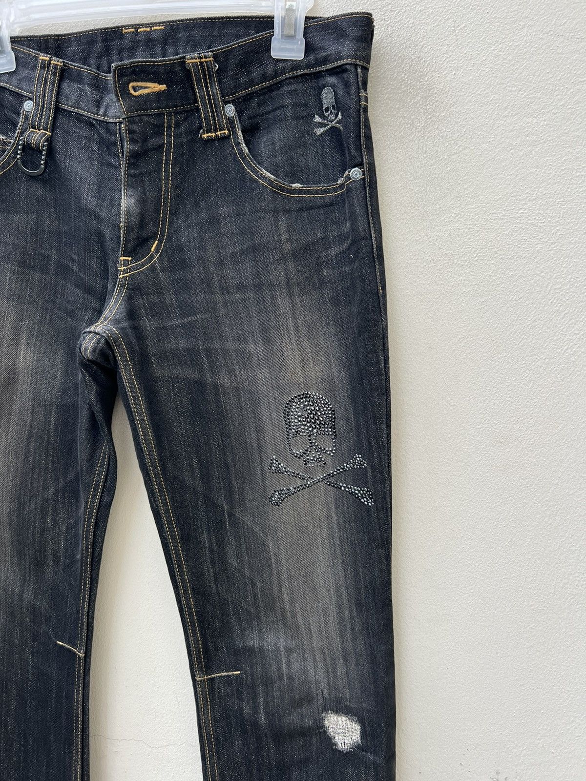 Roen Roen Japan Rips Shining Denim Cross Bones Skull Flare Jeans Size US 31 - 12 Thumbnail