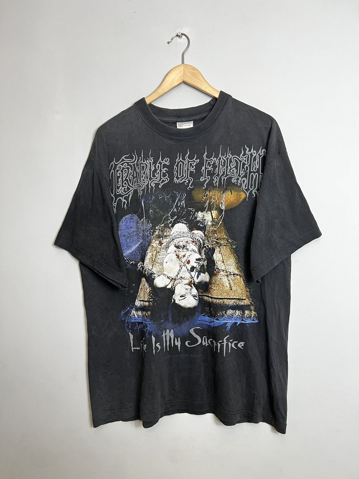 image of Band Tees x Grail Vintage 1998 Cradle Of Filth Life Is Sacrifice Band Tshirt in Washed Black (Size 