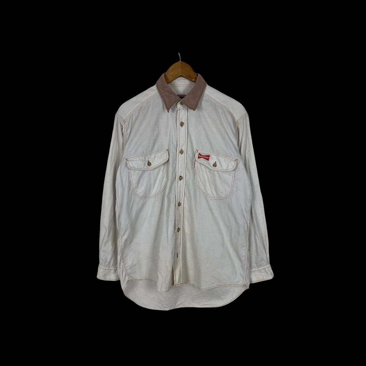 image of Budweiser x Corduroi Club Vintage Budwiser Corduroy Shirt Button Up in White, Men's (Size Medium)