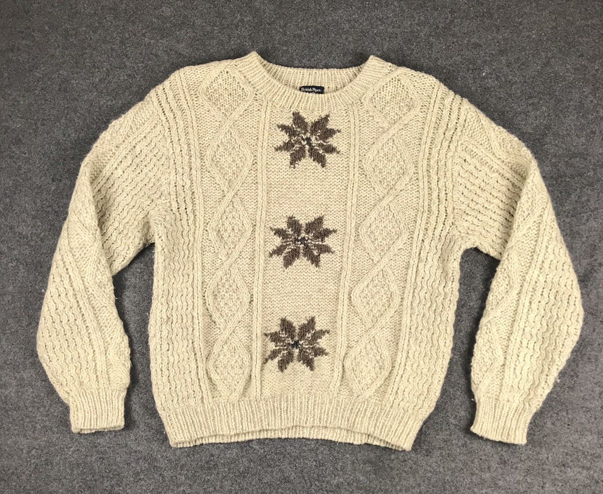 image of Aran Isles Knitwear x Coloured Cable Knit Sweater Knitwear Vintage Art Navajo Design in Dark White 