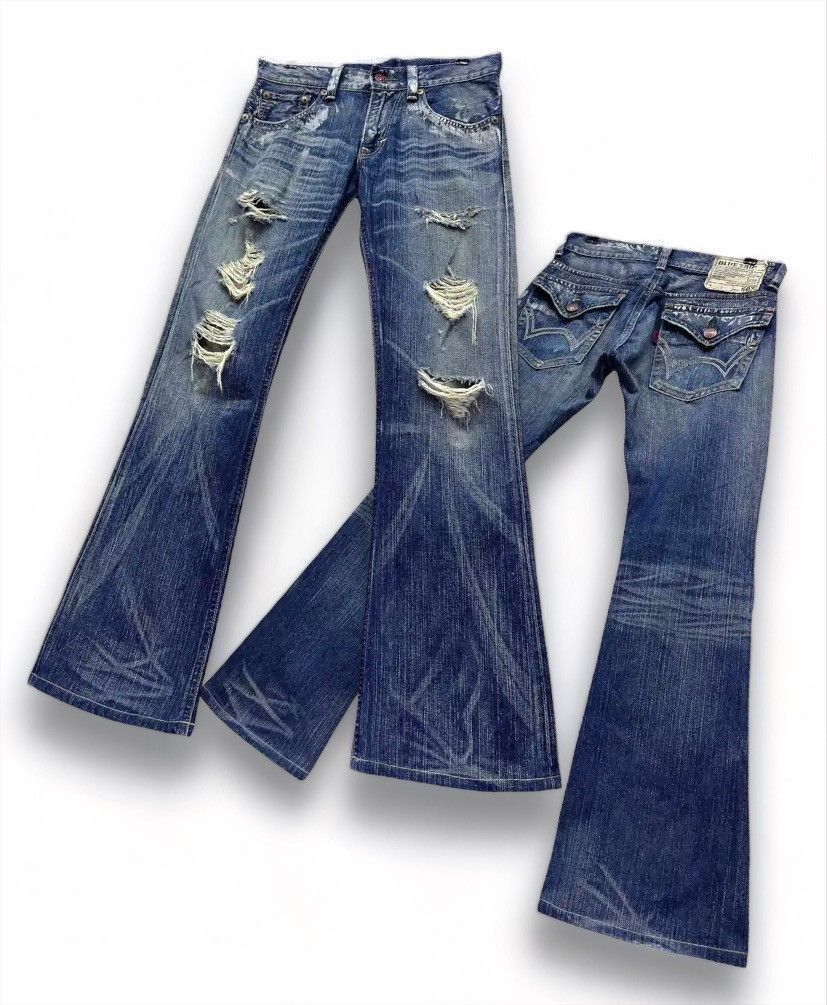 FYE FLARE🔥Vintage EDWIN BLUE TRIP Ripped Distressed Denim