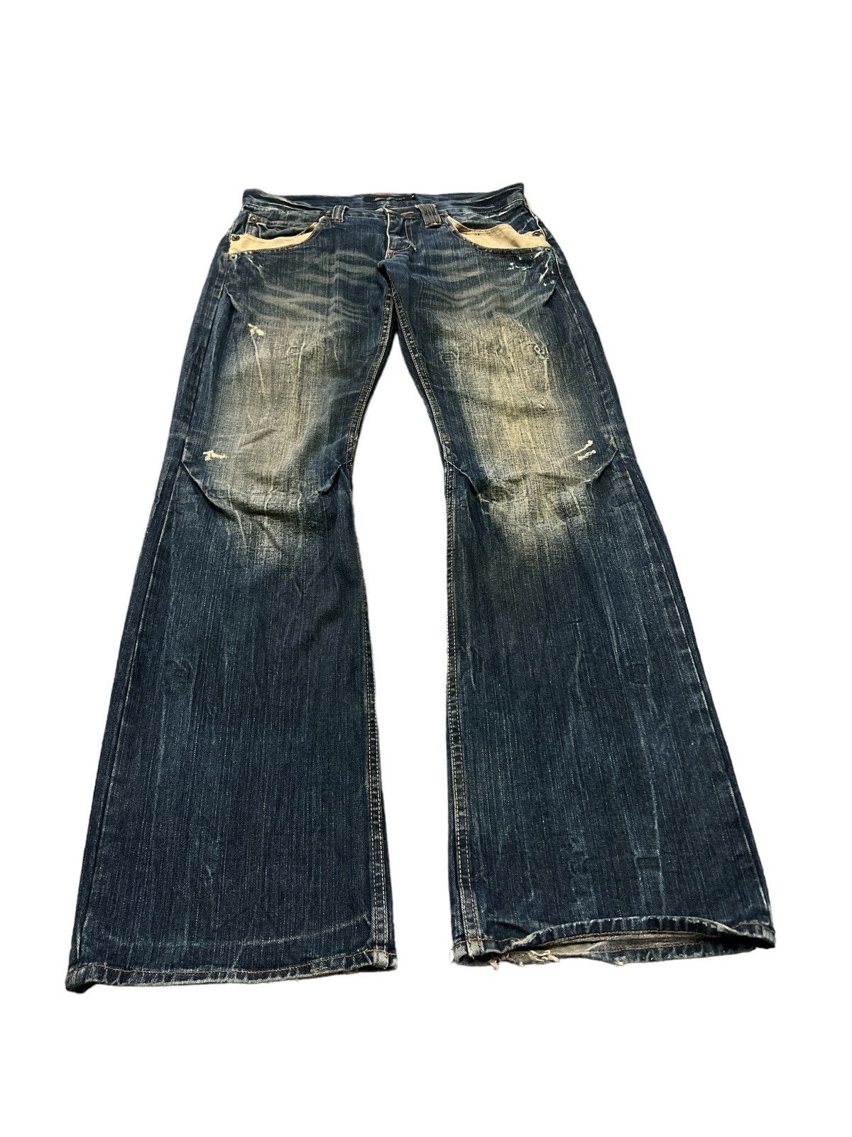 Japanese Brand FLARED💥ROOT THREE DISTRESSED DENIM PANT Size US 30 / EU 46 - 2 Thumbnail