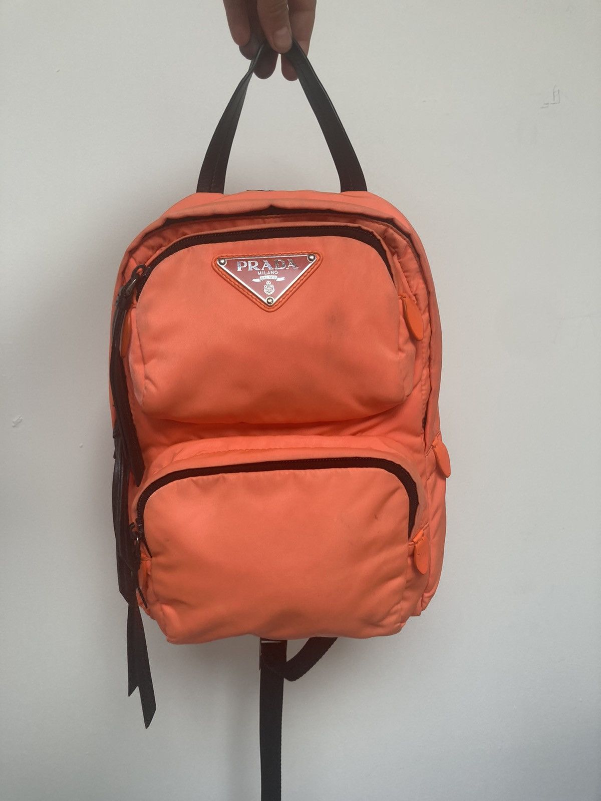image of Prada 2018 Fluro Neon Orange One Shoulder Backpack, Men's