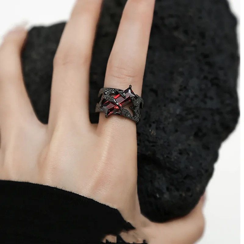 Jewelry × Vintage Red Rhinestones Black Resizeable Ring Size ONE SIZE - 3 Thumbnail