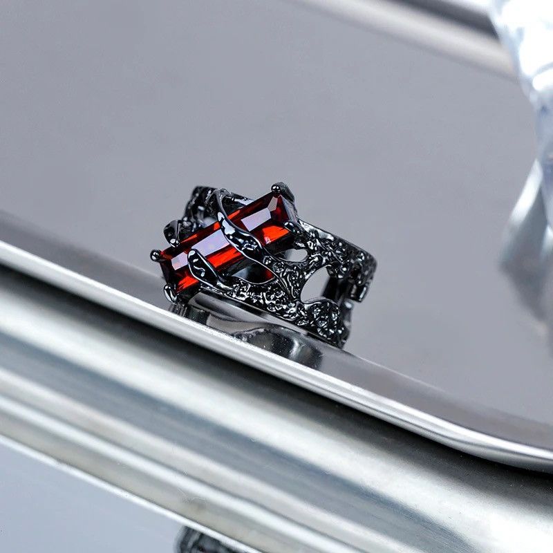 Jewelry × Vintage Red Rhinestones Black Resizeable Ring Size ONE SIZE - 2 Thumbnail