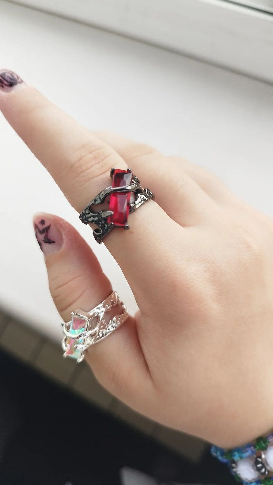 Jewelry × Vintage Red Rhinestones Black Resizeable Ring Size ONE SIZE - 4 Thumbnail