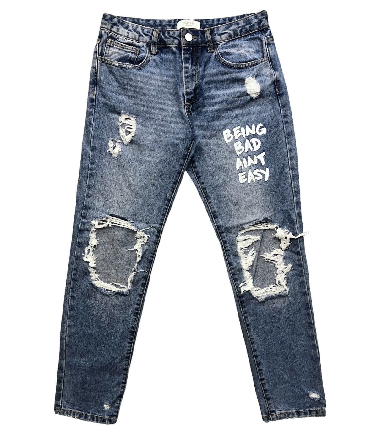 image of Distressed Denim x Forever 21 Being Bad Aint Easy Distressed Faded Blue Jeans, Men's (Size 28)