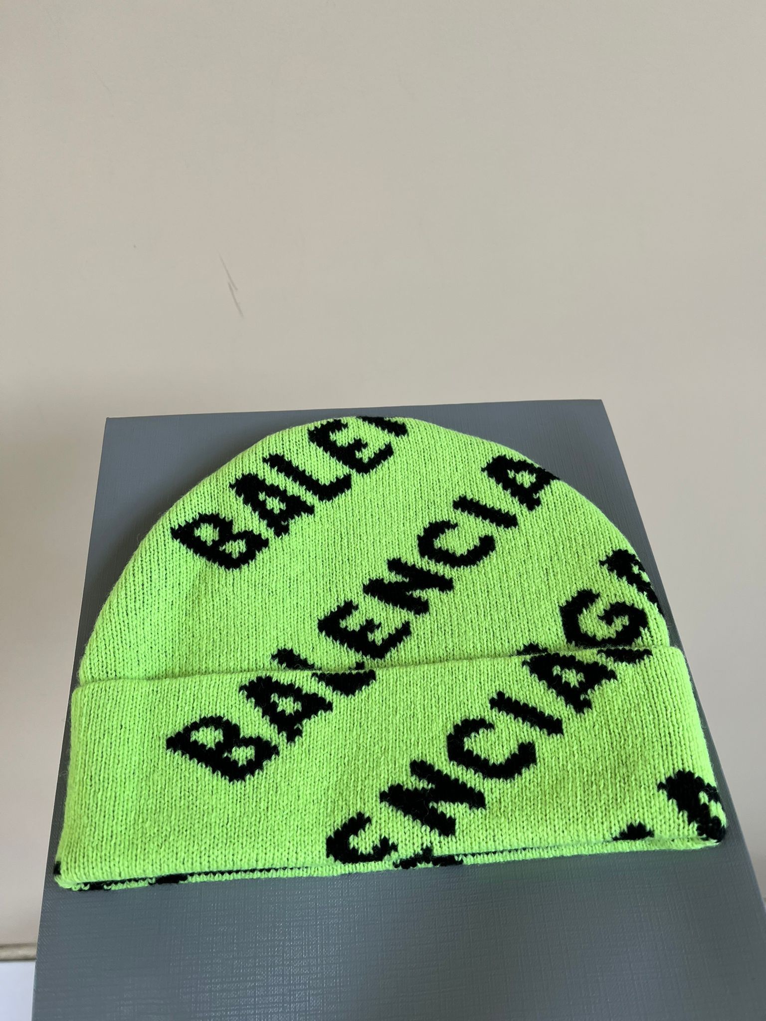 image of Balenciaga Wool Logo All Over Beanie In Highlighter in Green, Men's