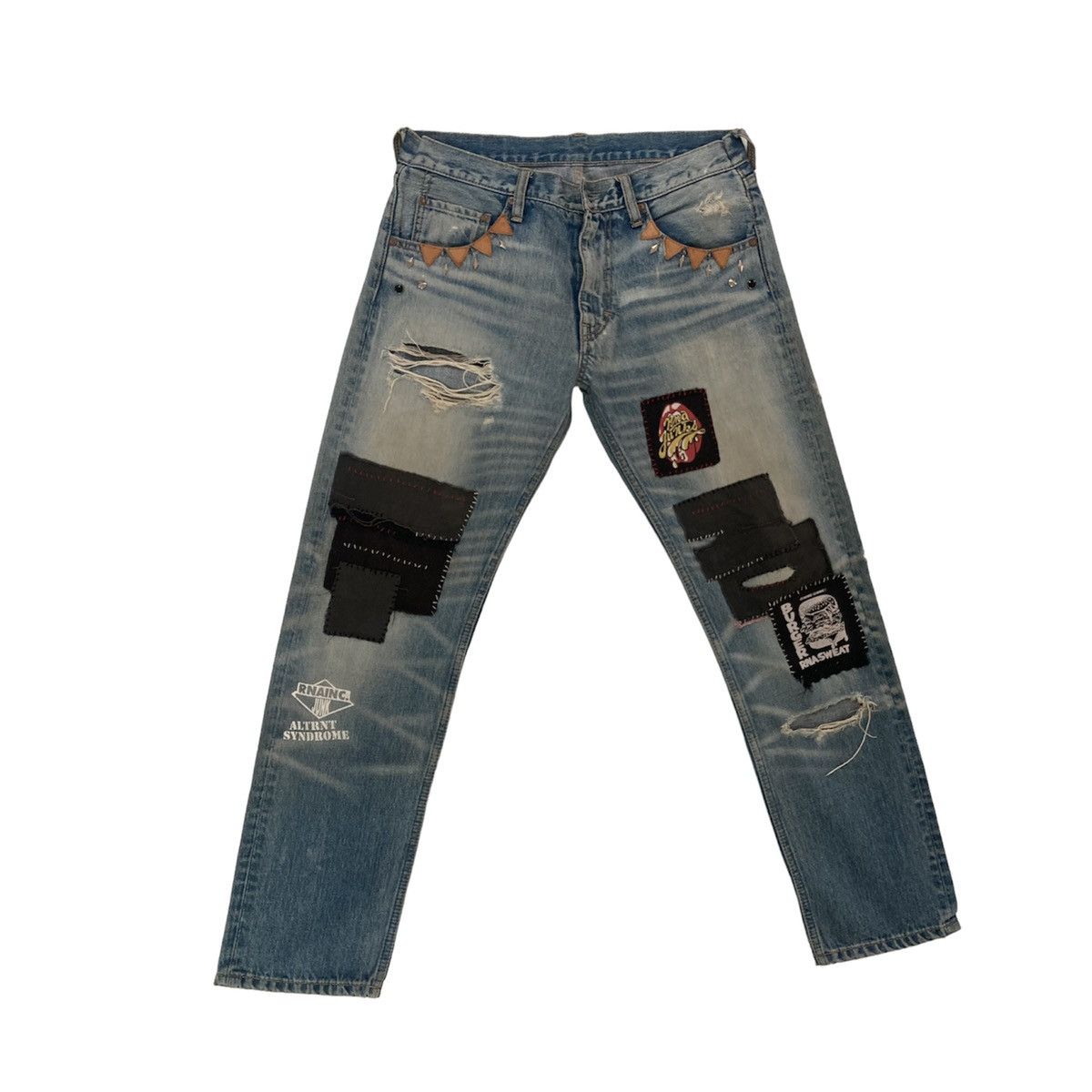 image of Distressed Denim x Seditionaries Rna Inc Distressed Patchwork Ripped Denim Pants in Denim Blue (Siz