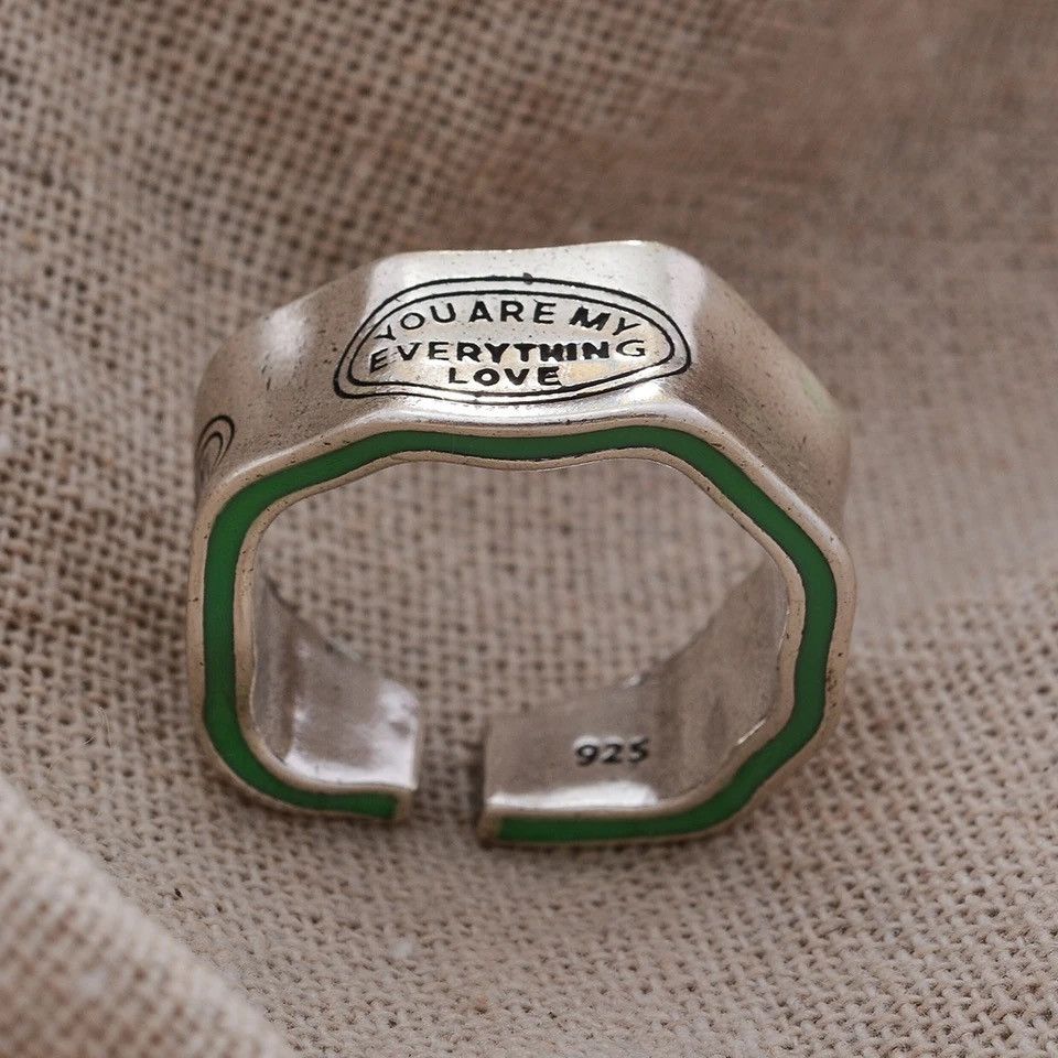 Jewelry × Vintage Letter Carving Green Stripe Design Retro Ring Size ONE SIZE - 5 Thumbnail
